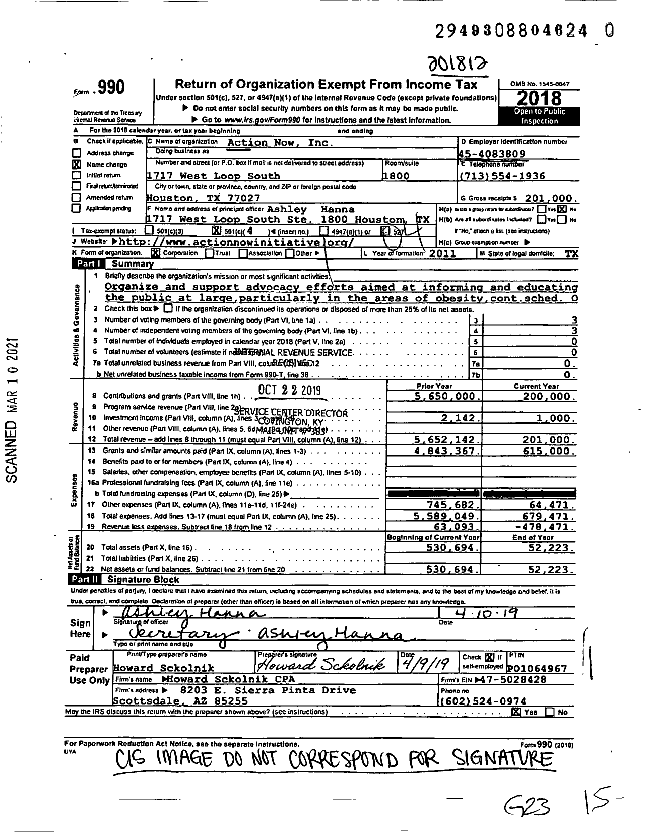 Image of first page of 2018 Form 990O for Action Now