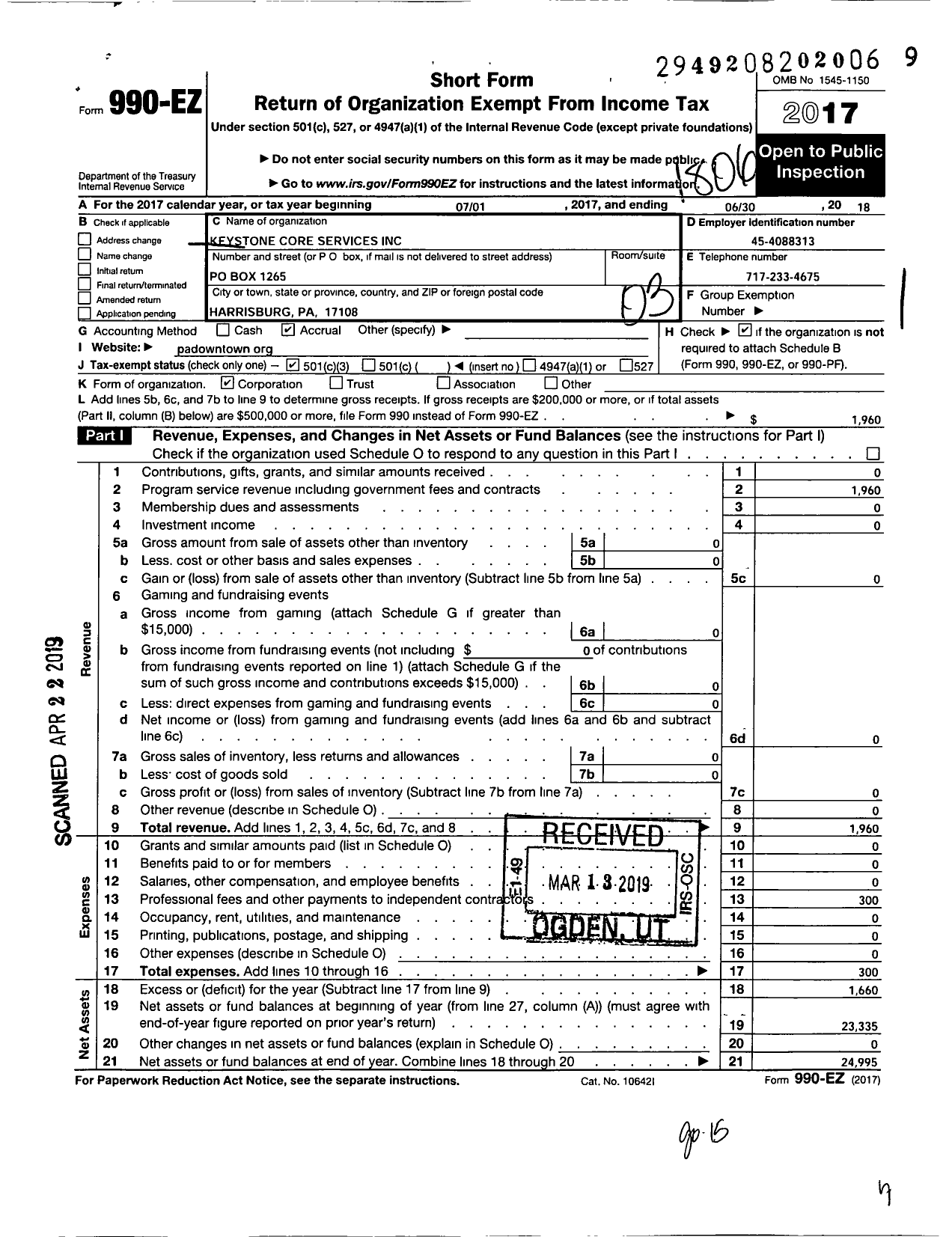 Image of first page of 2017 Form 990EZ for Keystone Core Services