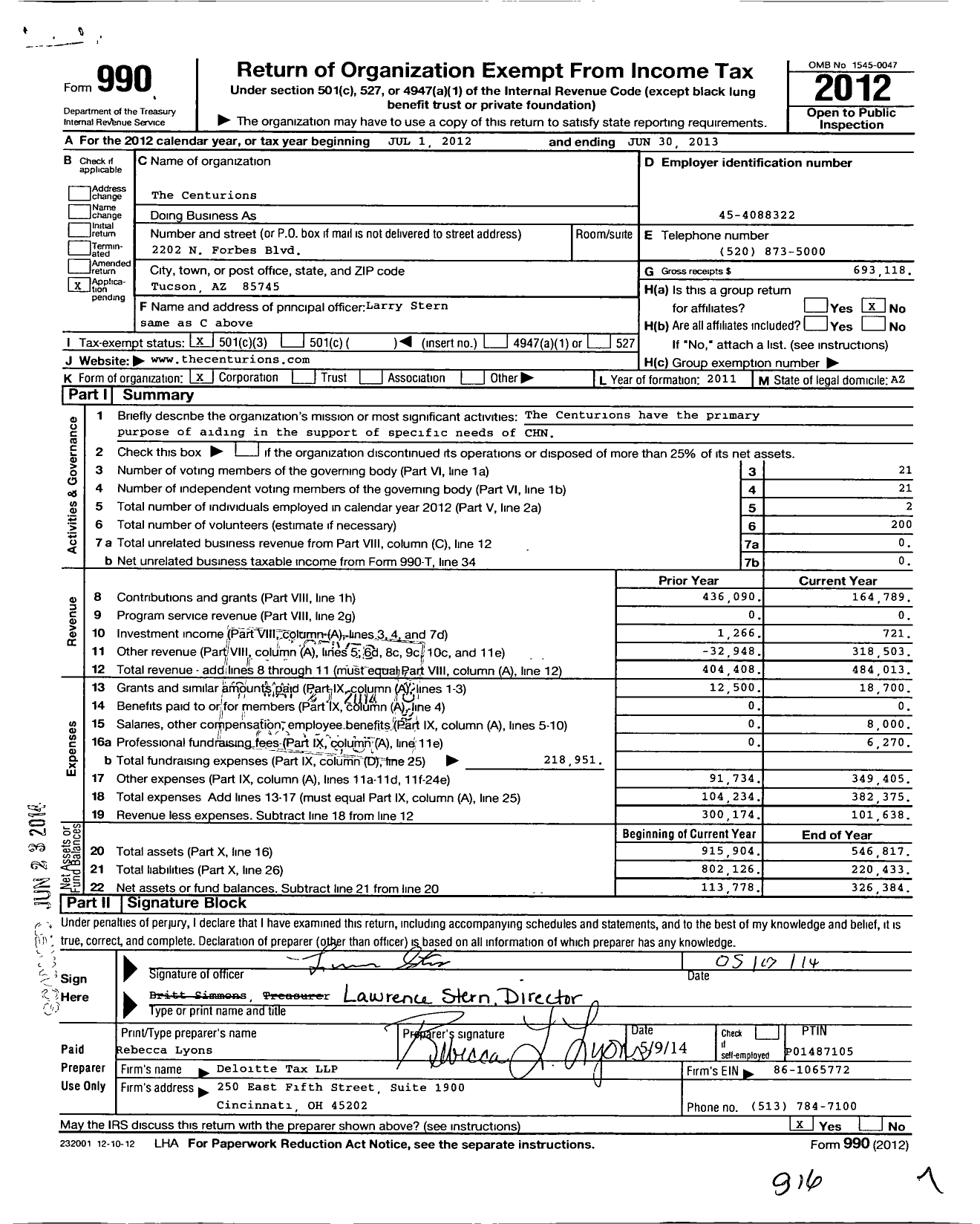 Image of first page of 2012 Form 990 for The Centurions