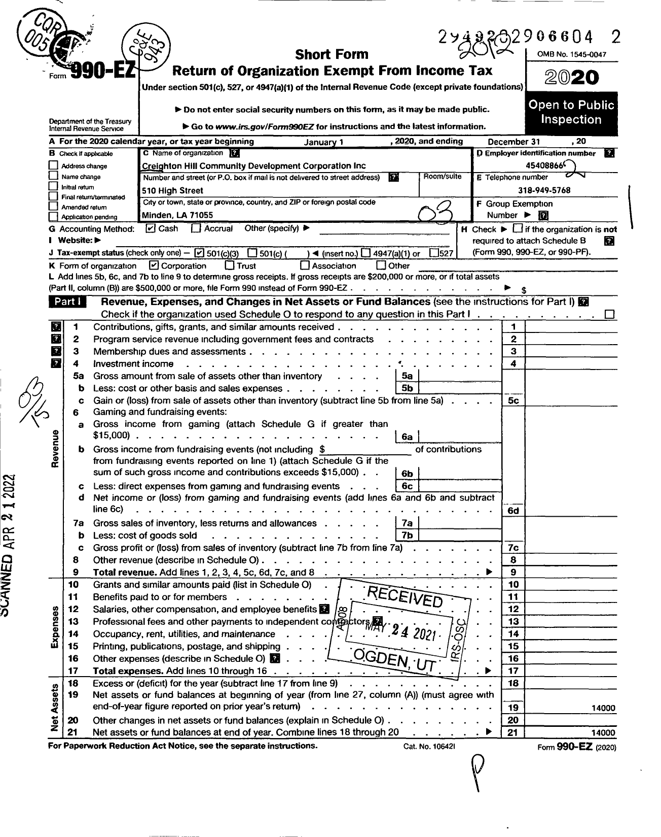 Image of first page of 2020 Form 990EZ for Creighton Hill Community Development Corporation