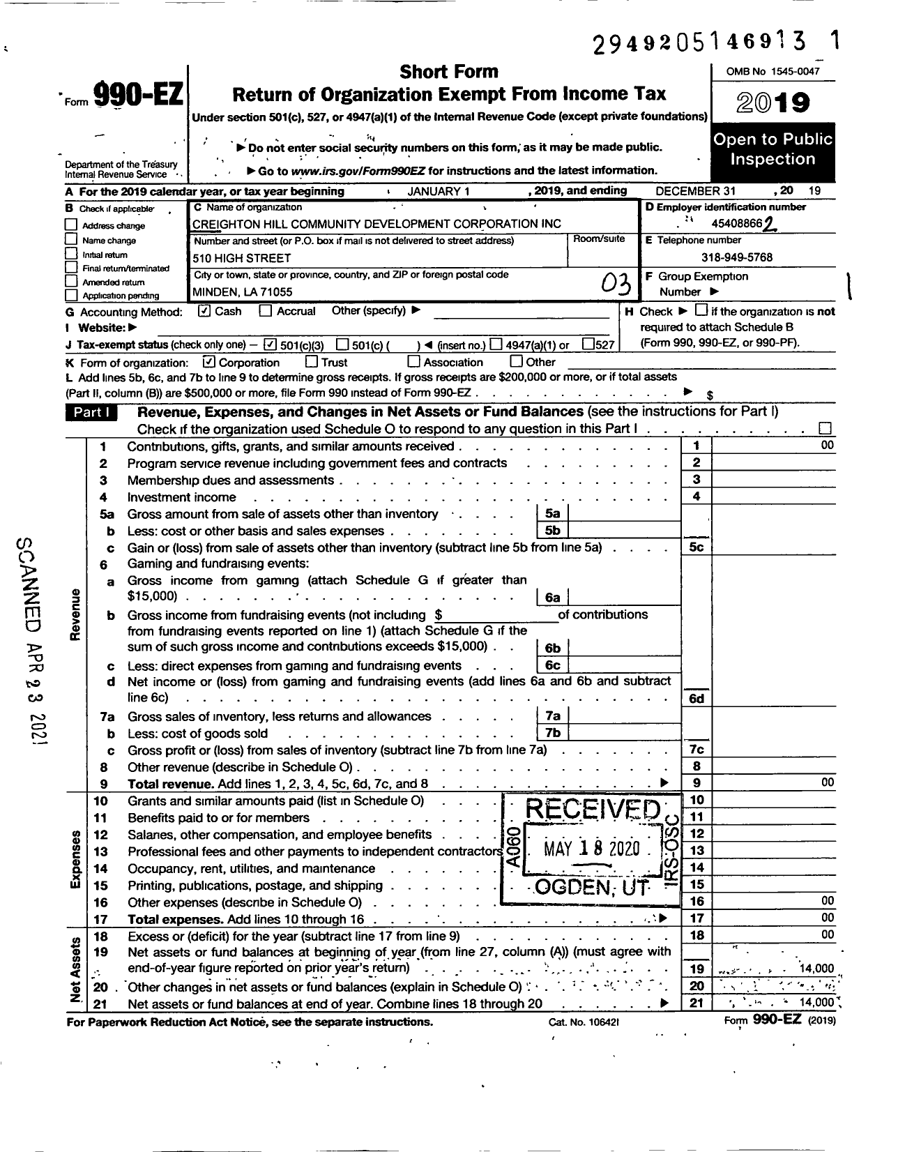 Image of first page of 2019 Form 990EZ for Creighton Hill Community Development Corporation