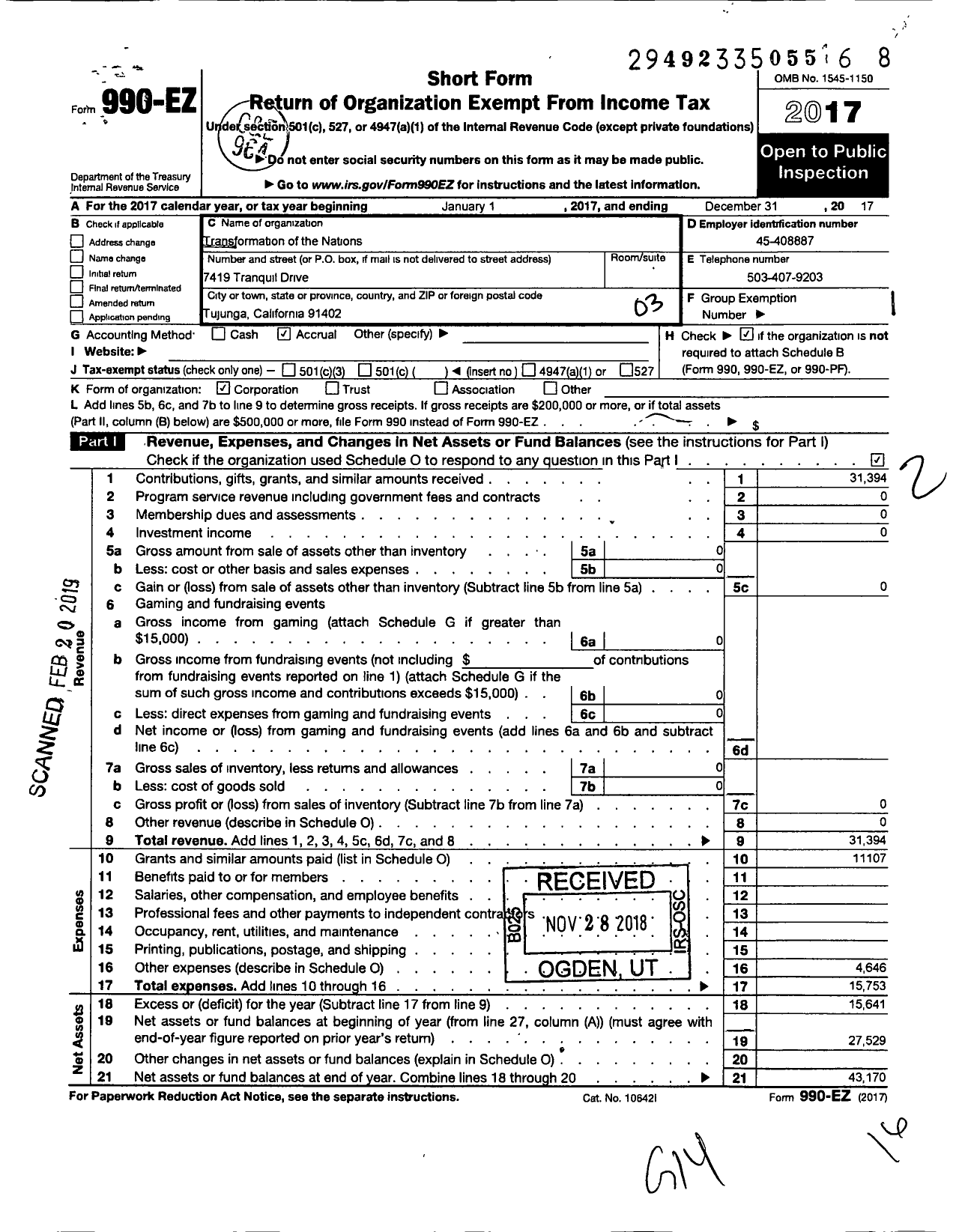 Image of first page of 2017 Form 990EZ for Tranformation of the Nations