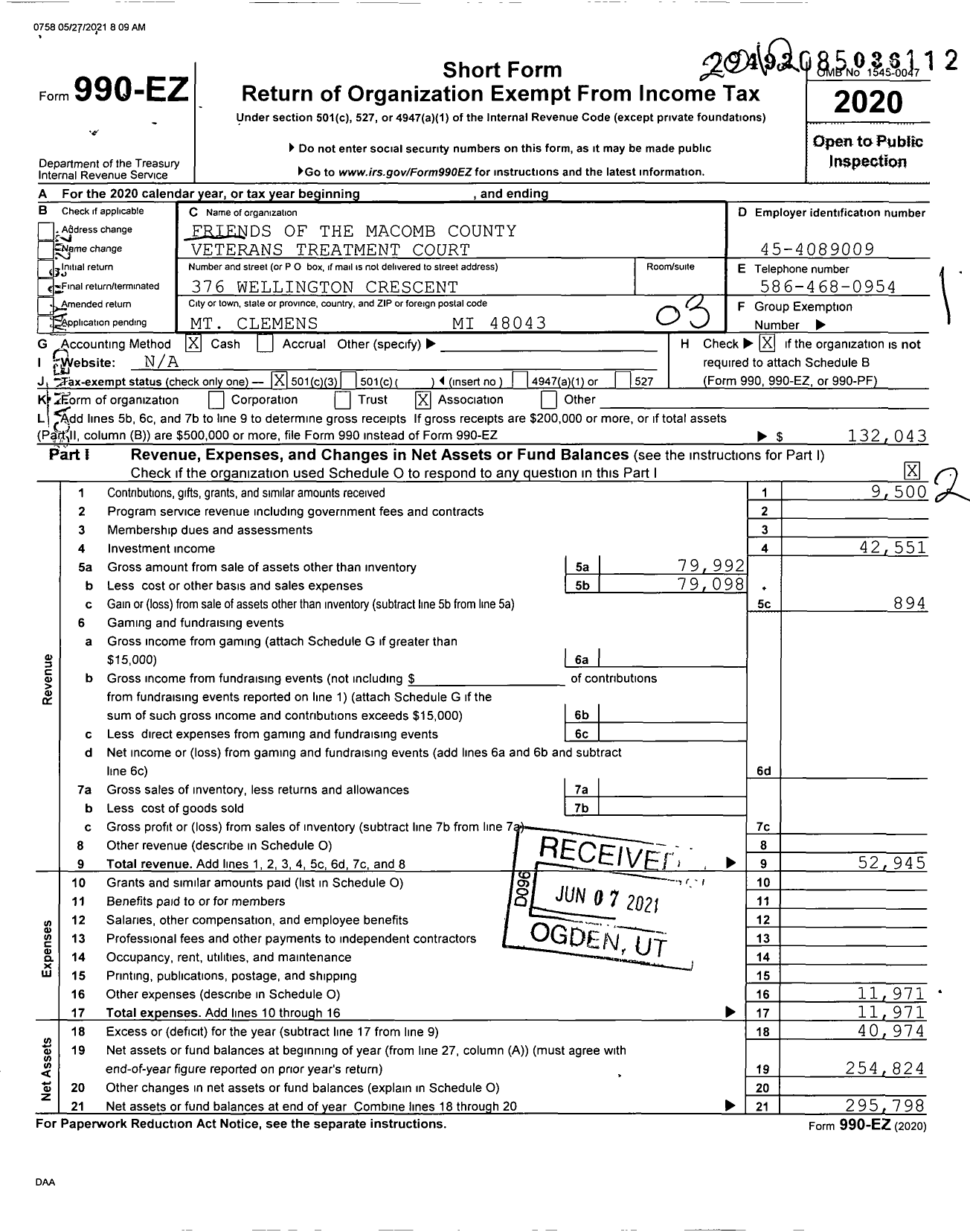 Image of first page of 2020 Form 990EZ for Friends of the Macomb County Veterans Treatment Court