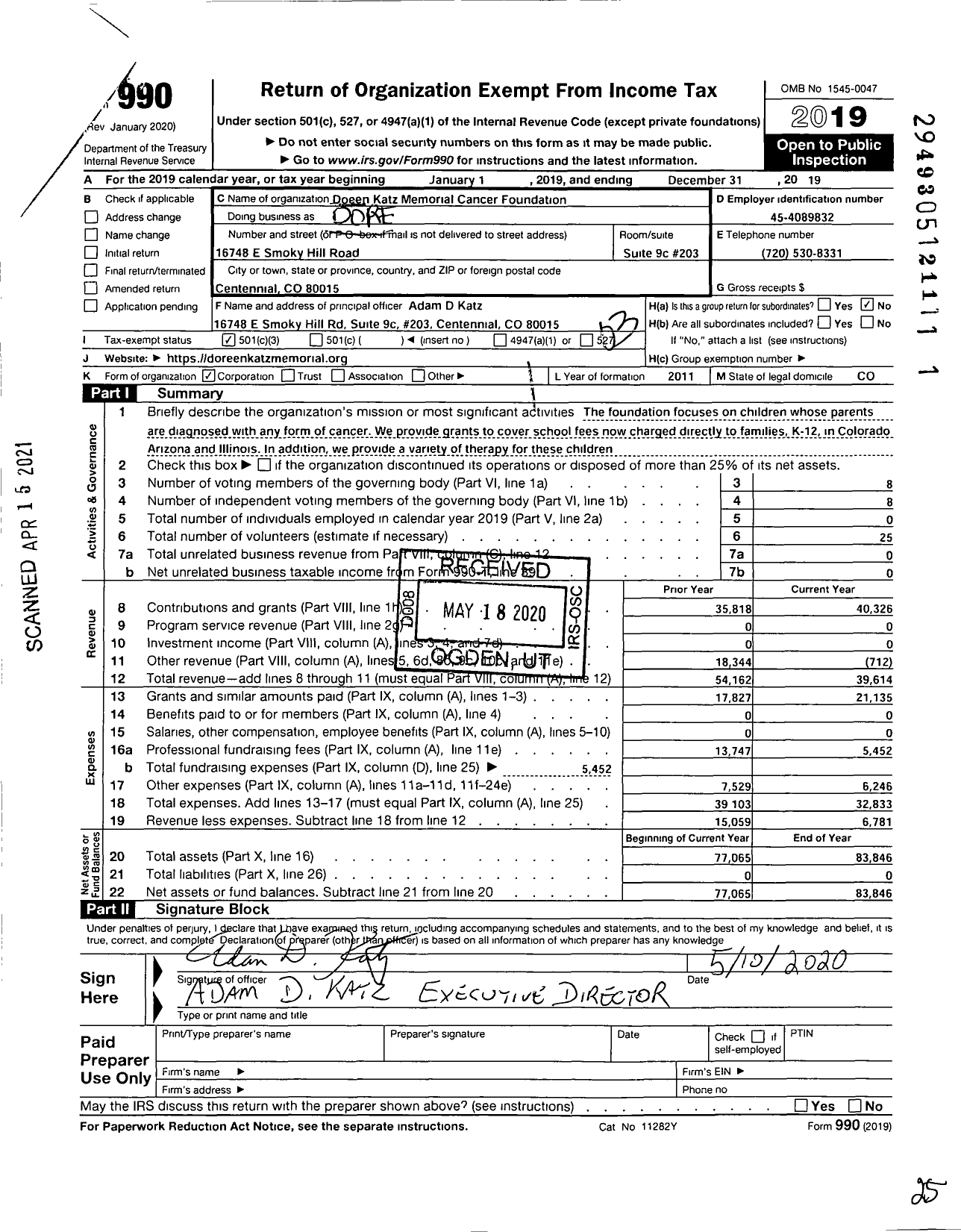 Image of first page of 2019 Form 990 for Doreen Katz Memorial Cancer Foundation