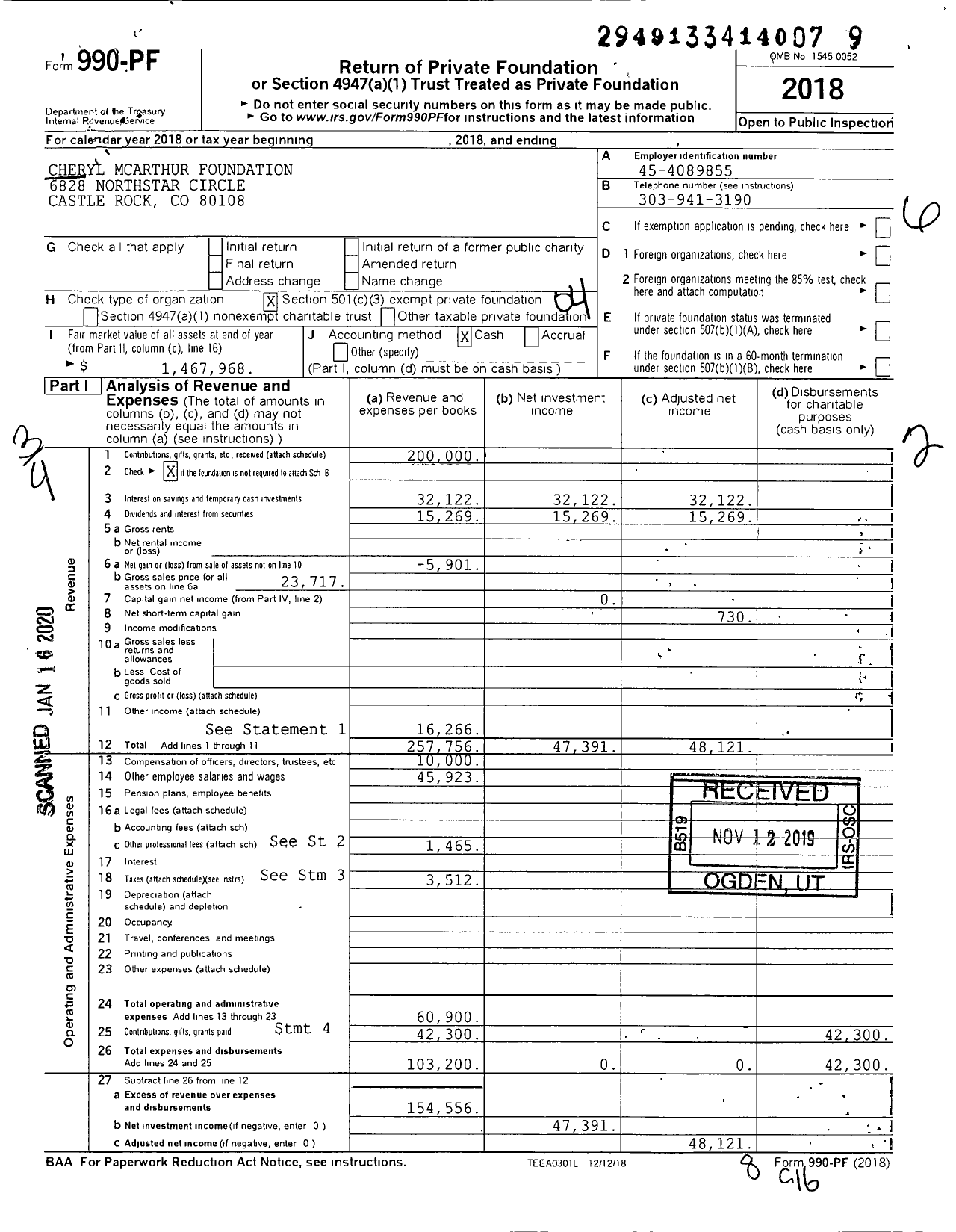 Image of first page of 2018 Form 990PF for Cheryl Mcarthur Foundation