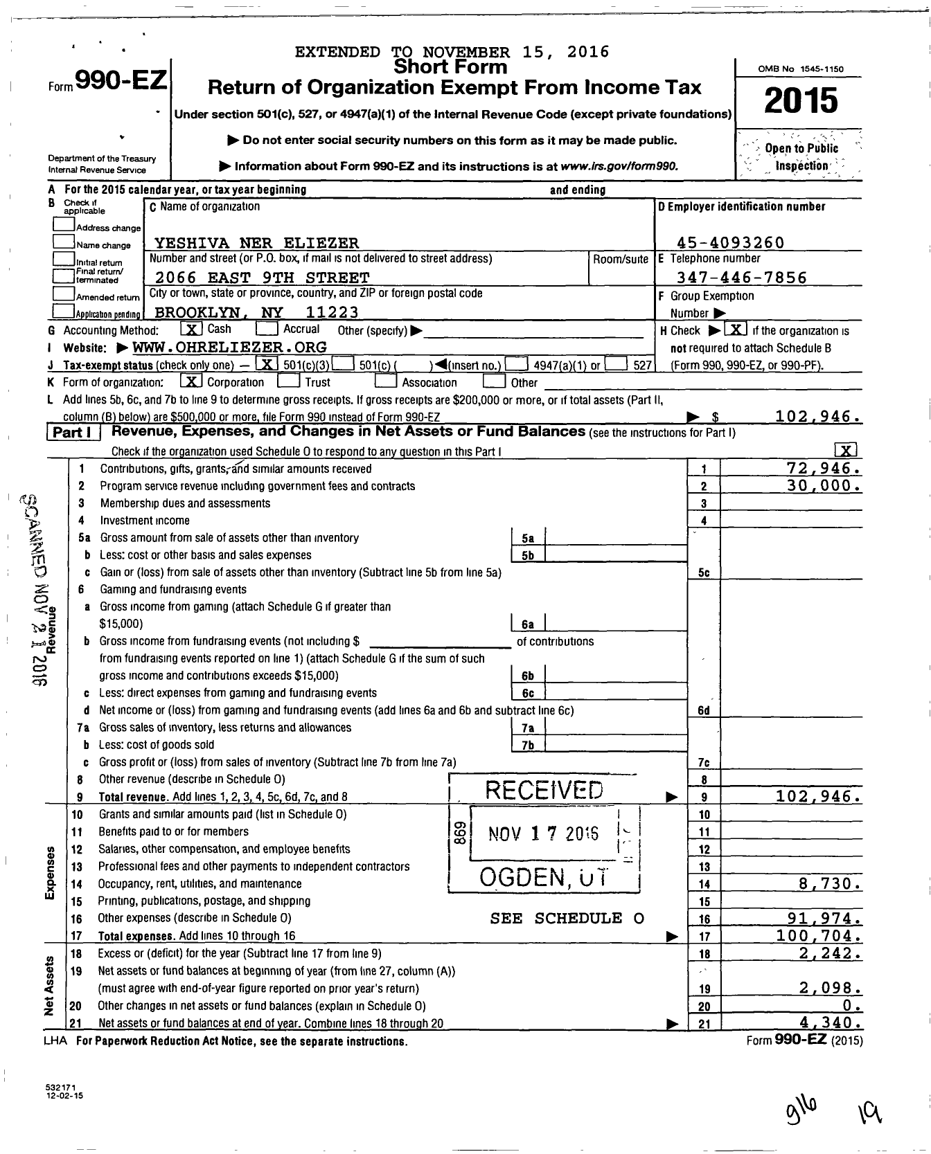 Image of first page of 2015 Form 990EZ for Yeshiva Ner Eliezer