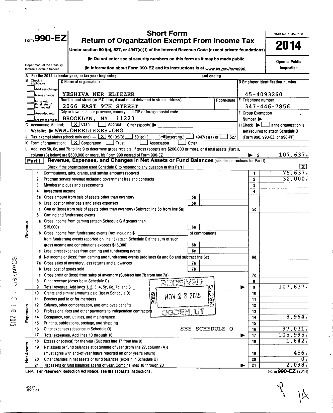 Image of first page of 2014 Form 990EZ for Yeshiva Ner Eliezer