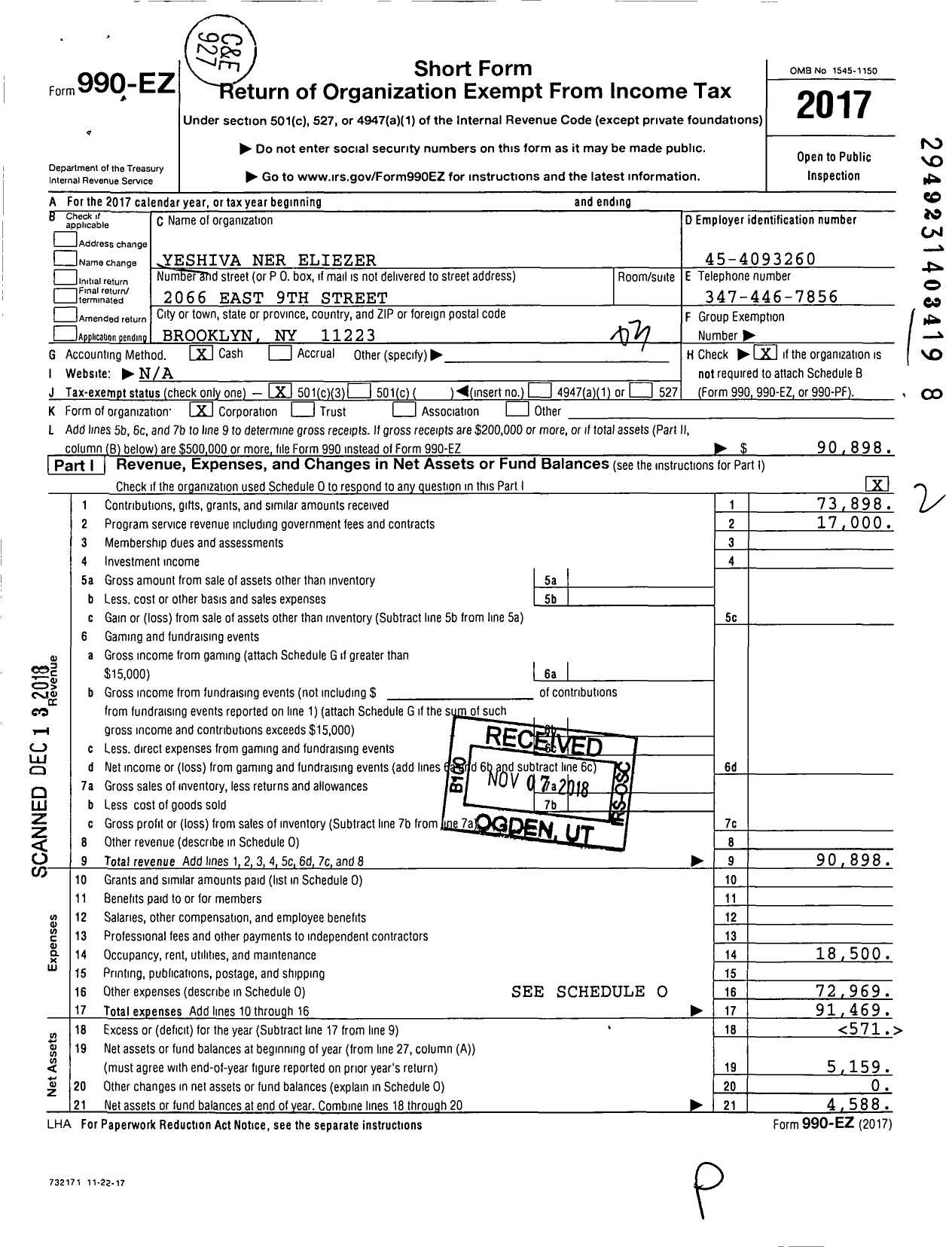 Image of first page of 2017 Form 990EZ for Yeshiva Ner Eliezer