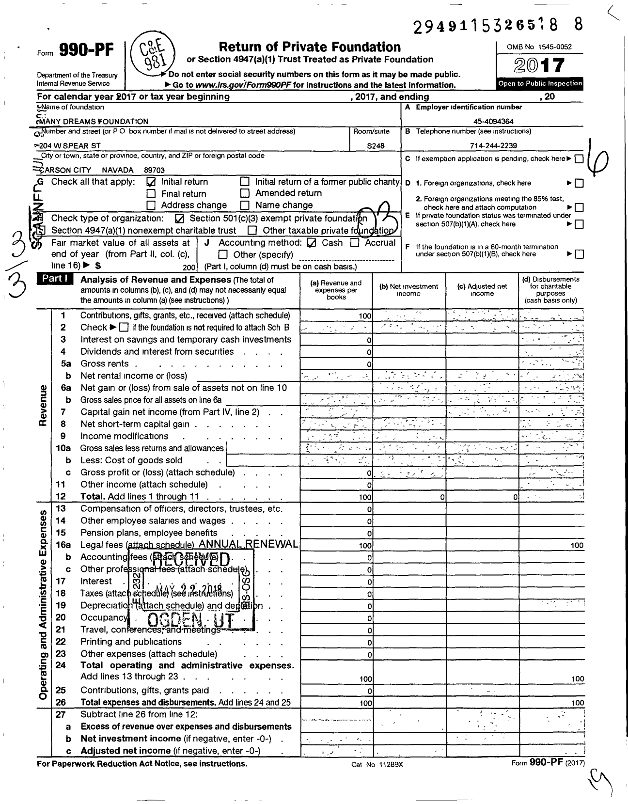 Image of first page of 2017 Form 990PF for Many Dreams Foundation