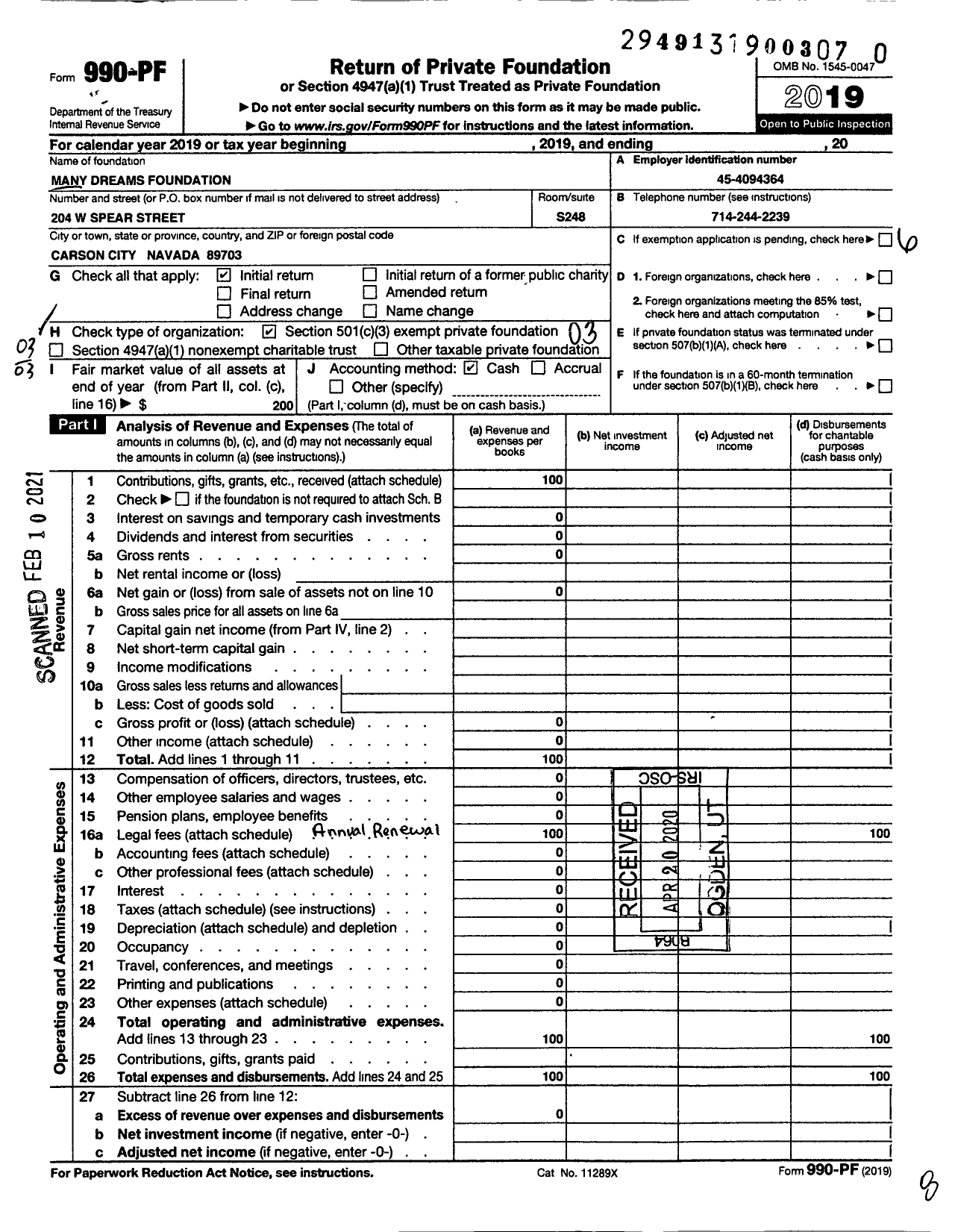 Image of first page of 2019 Form 990PF for Many Dreams Foundation