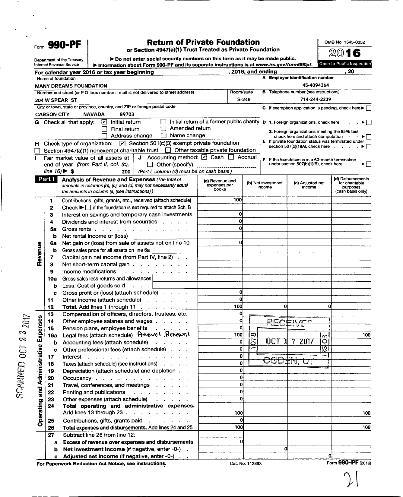 Image of first page of 2016 Form 990PF for Many Dreams Foundation