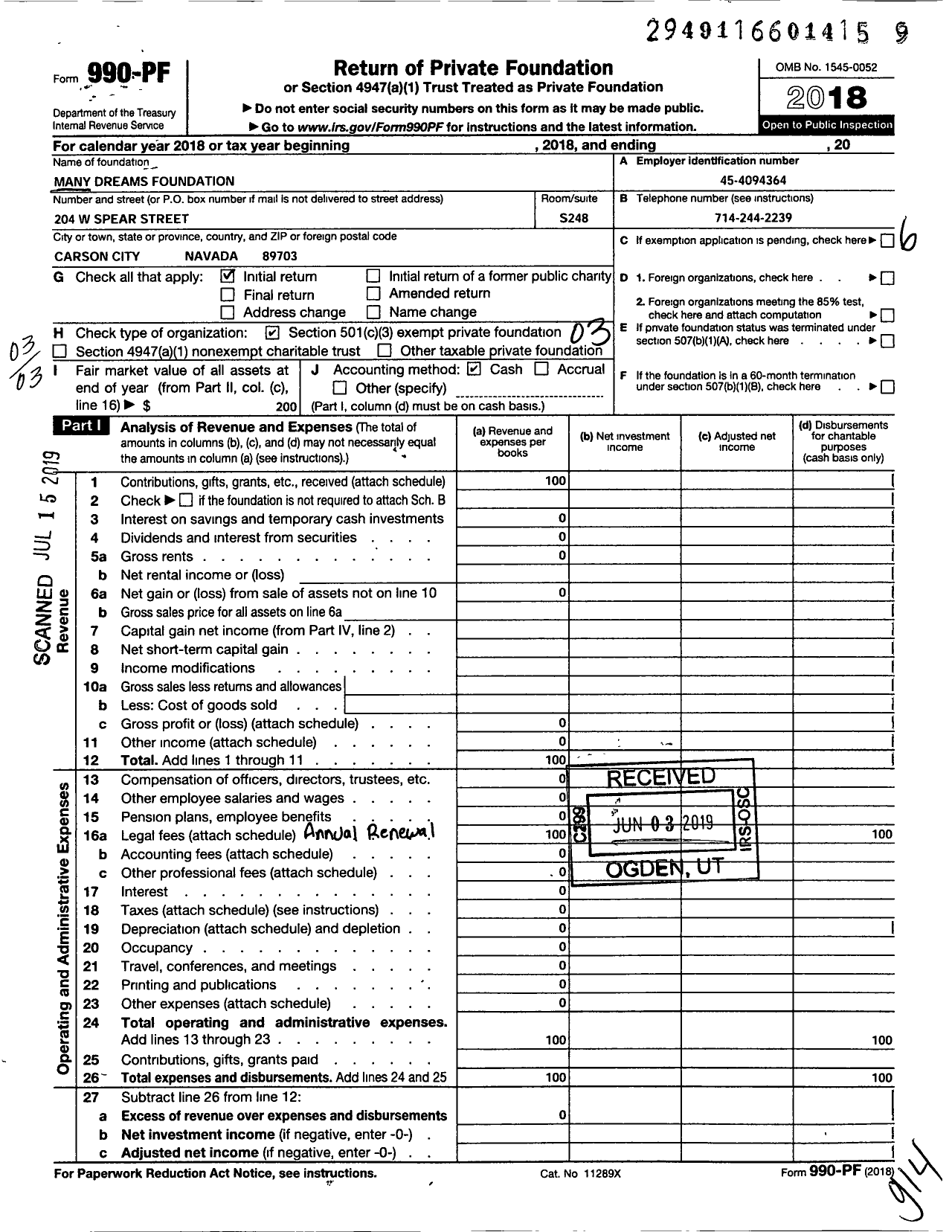 Image of first page of 2018 Form 990PF for Many Dreams Foundation