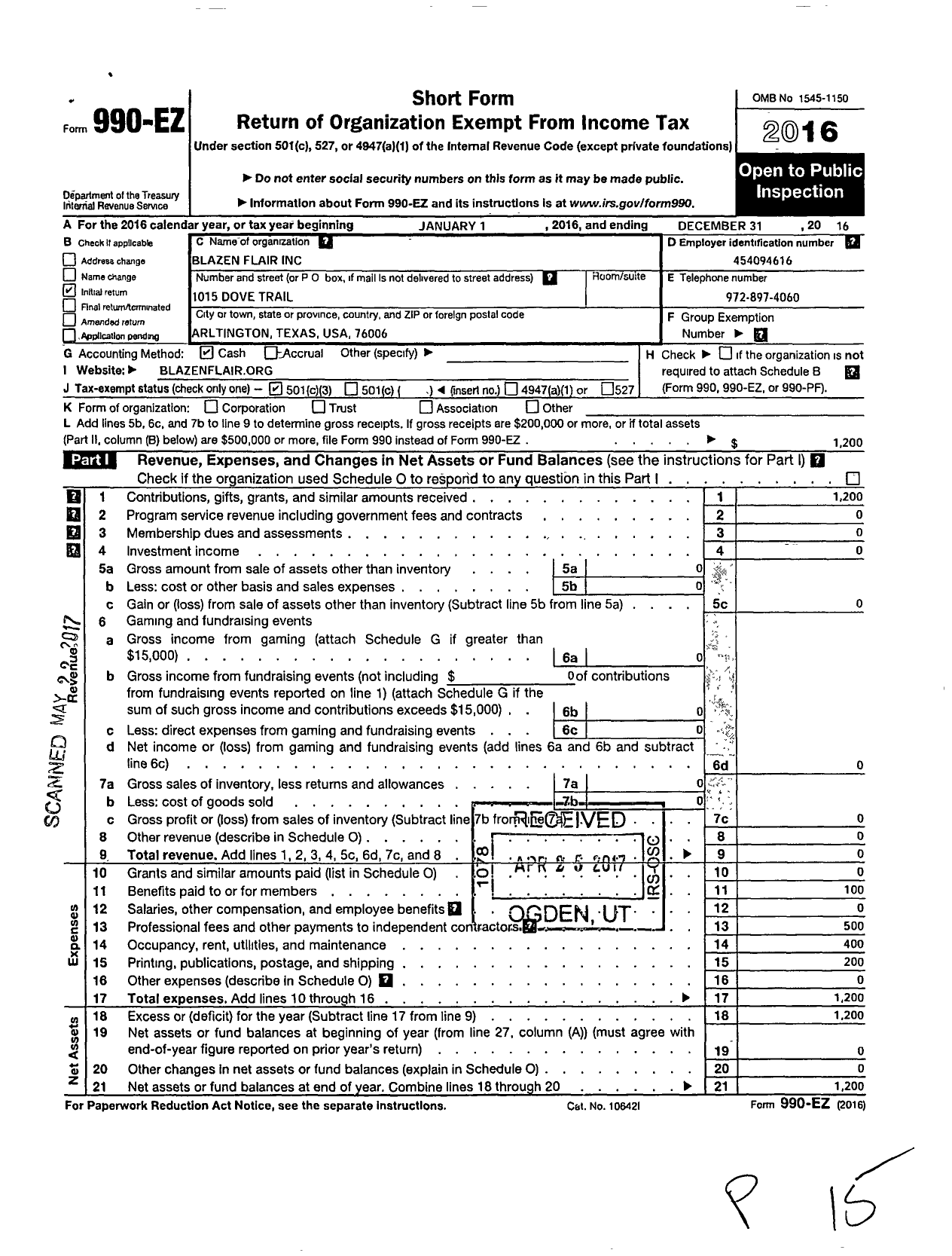 Image of first page of 2016 Form 990EZ for Blazen Flair