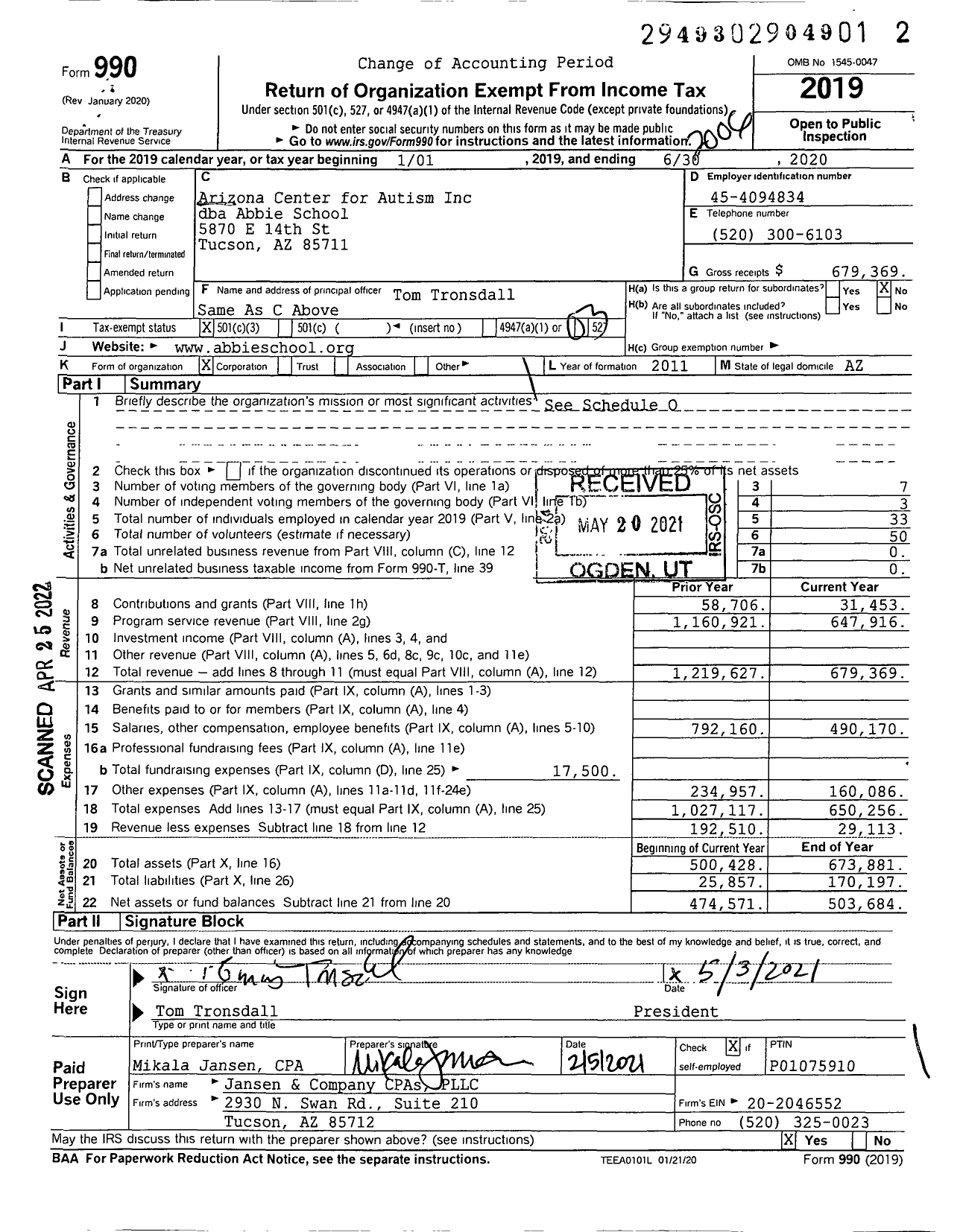 Image of first page of 2019 Form 990 for Abbie School