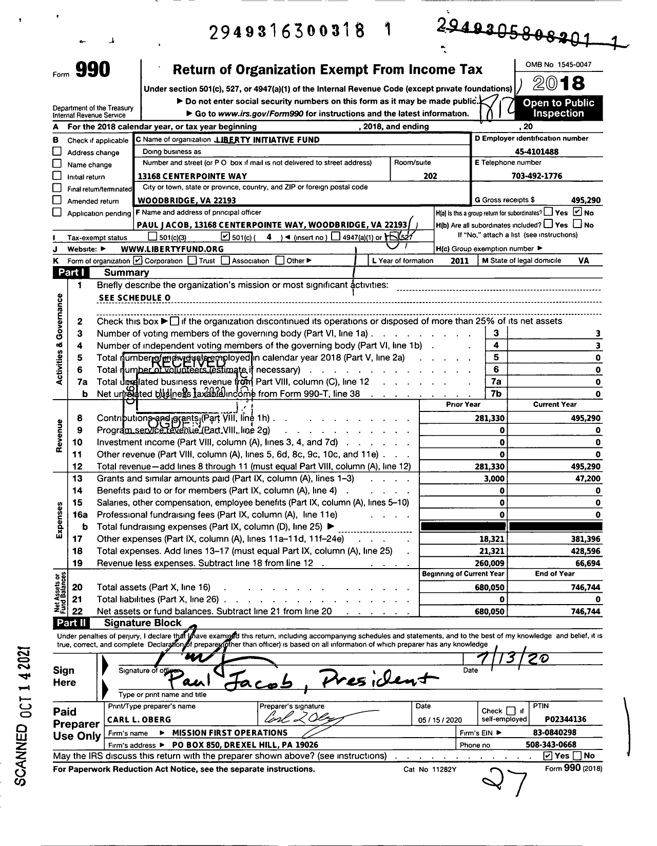 Image of first page of 2018 Form 990O for Liberty Initiative Fund