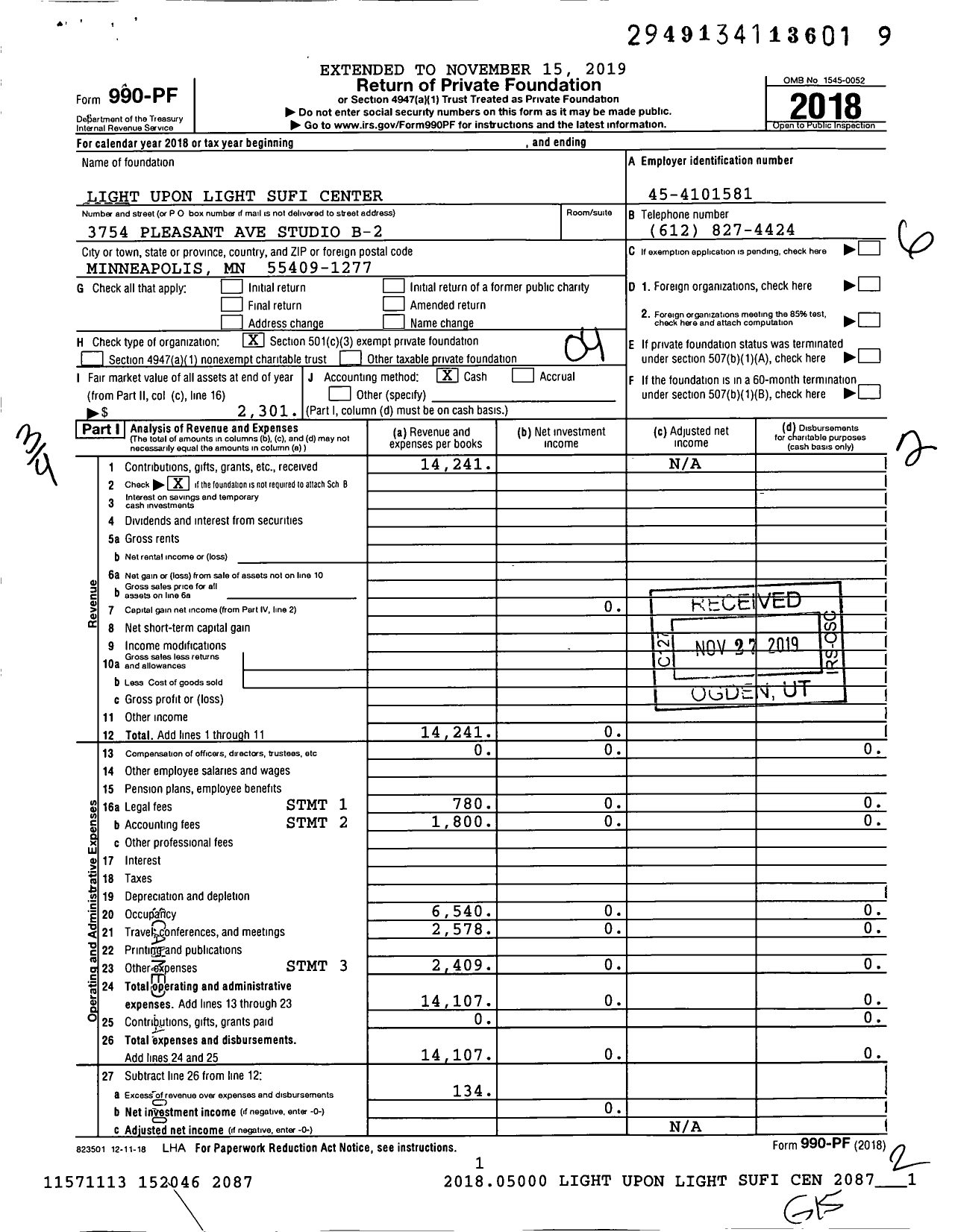 Image of first page of 2018 Form 990PF for Light Upon Light Sufi Center