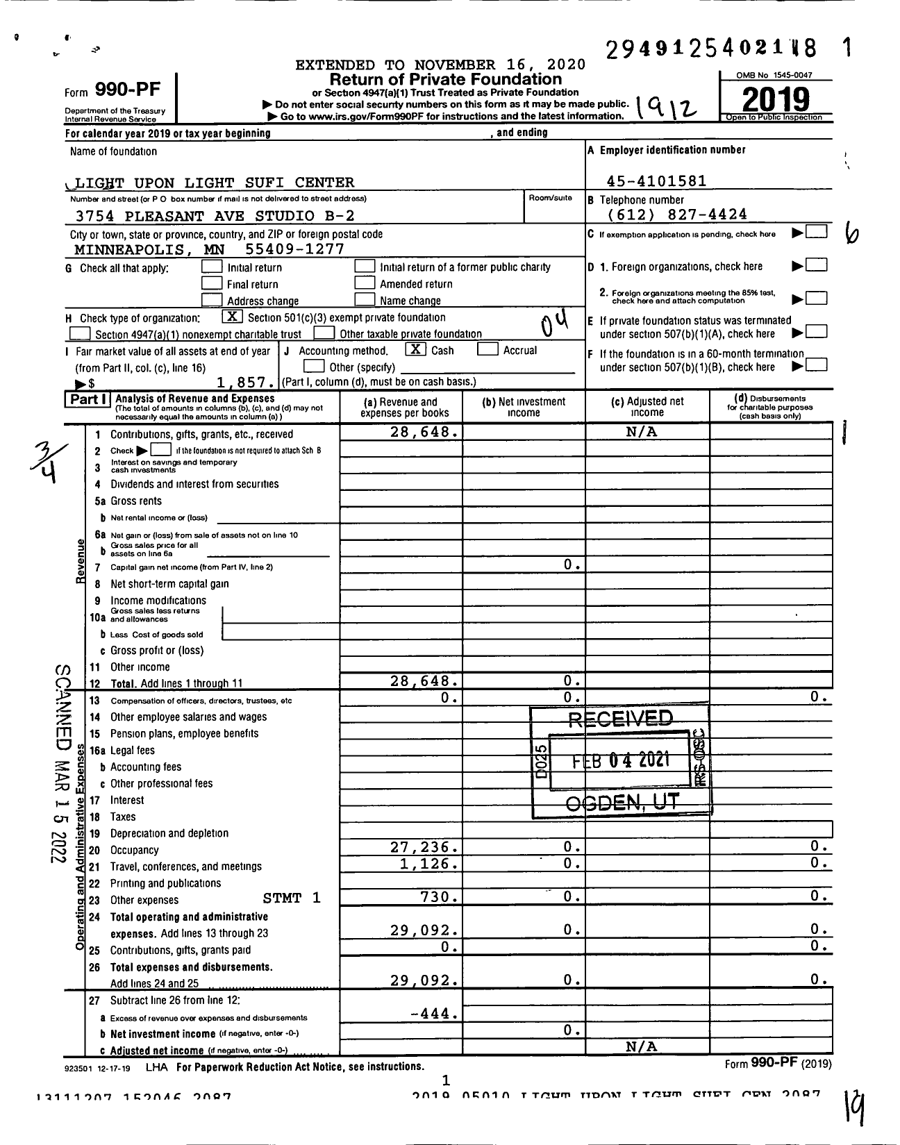 Image of first page of 2019 Form 990PF for Light Upon Light Sufi Center