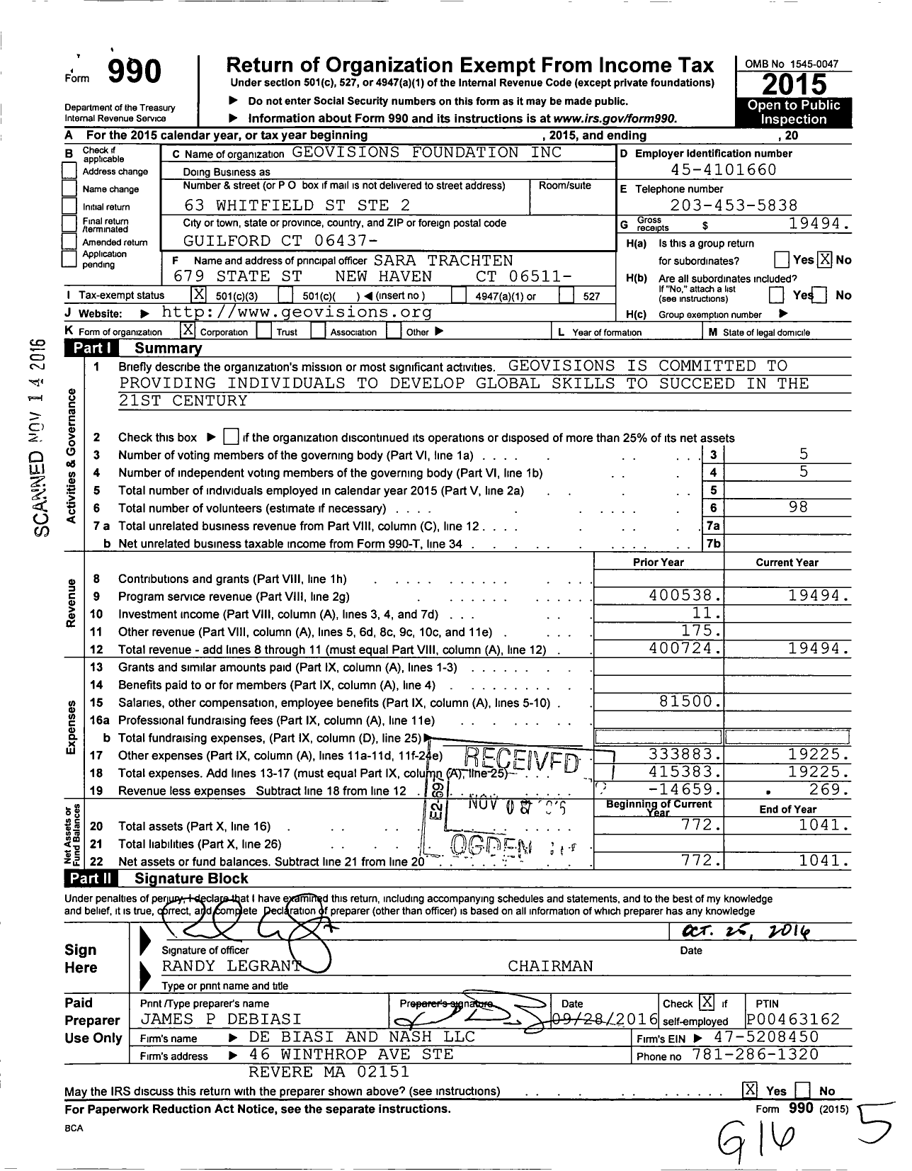 Image of first page of 2015 Form 990 for Geovisions Foundation