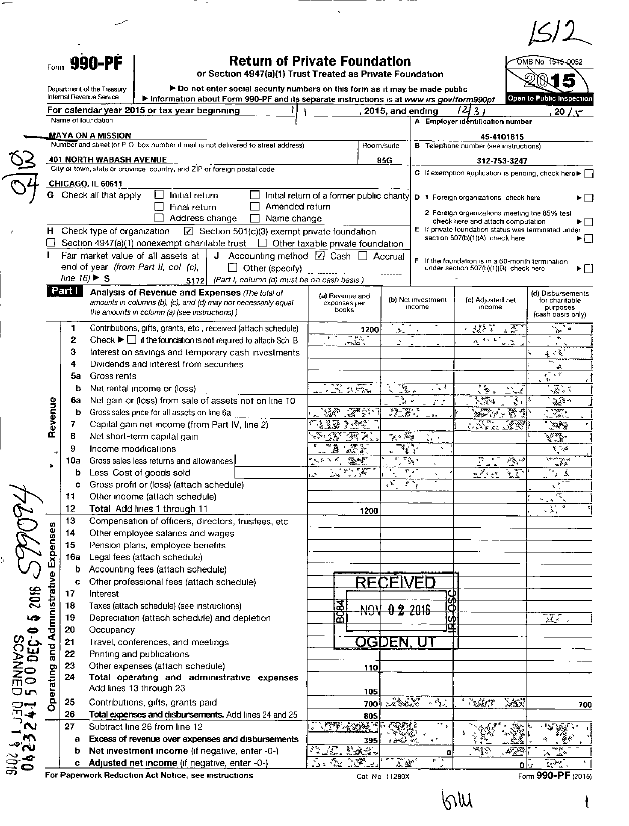 Image of first page of 2015 Form 990PF for Maya on A Mission