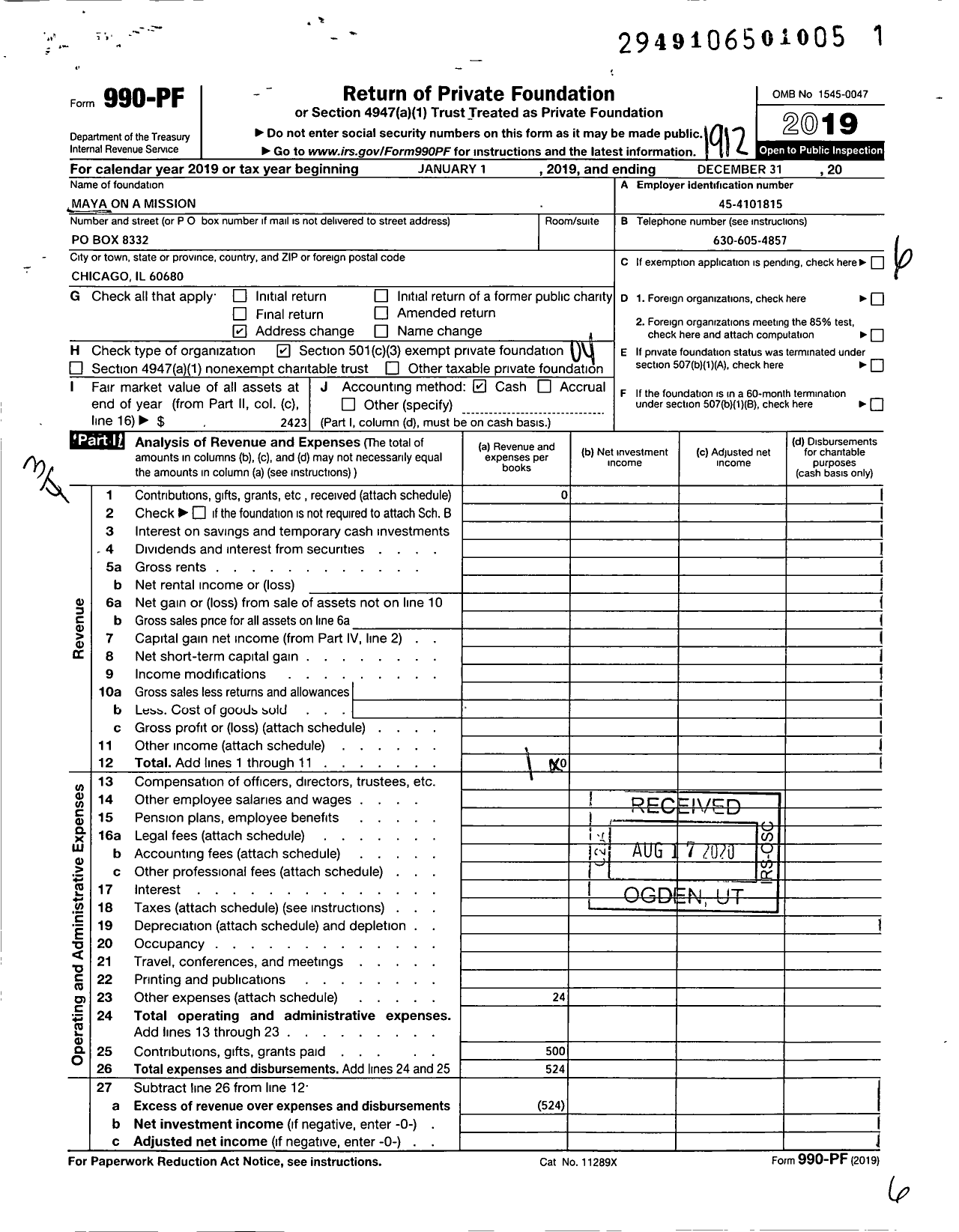 Image of first page of 2019 Form 990PF for Maya on A Mission