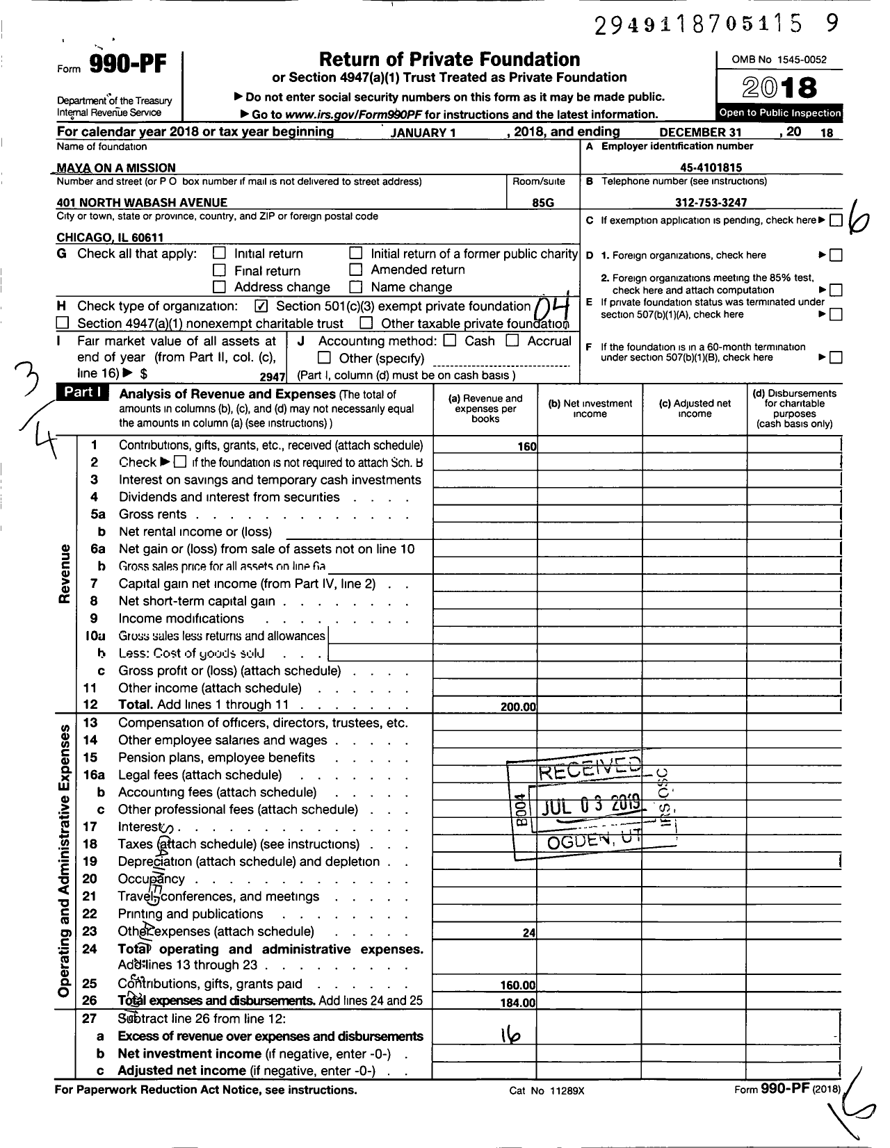 Image of first page of 2018 Form 990PF for Maya on A Mission