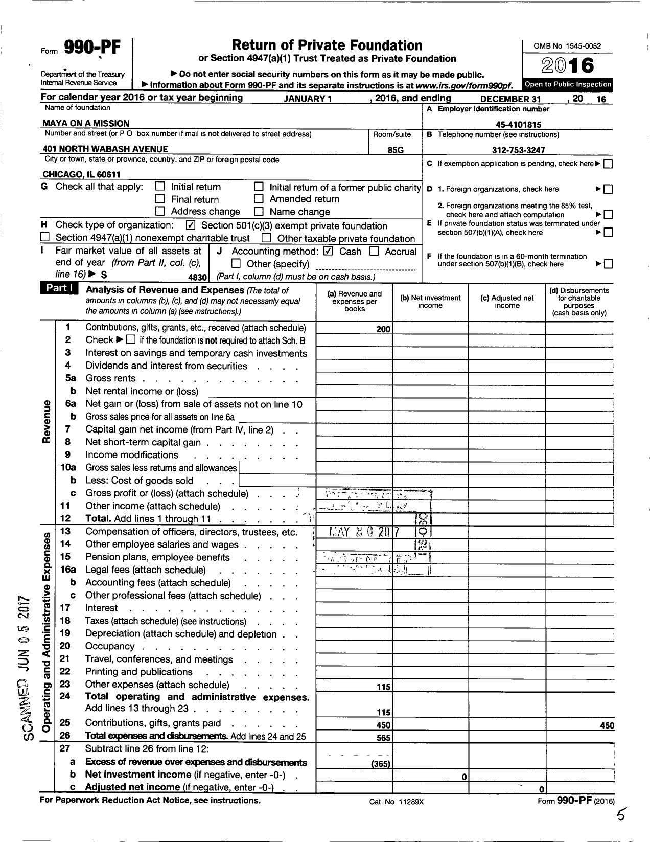 Image of first page of 2016 Form 990PF for Maya on A Mission