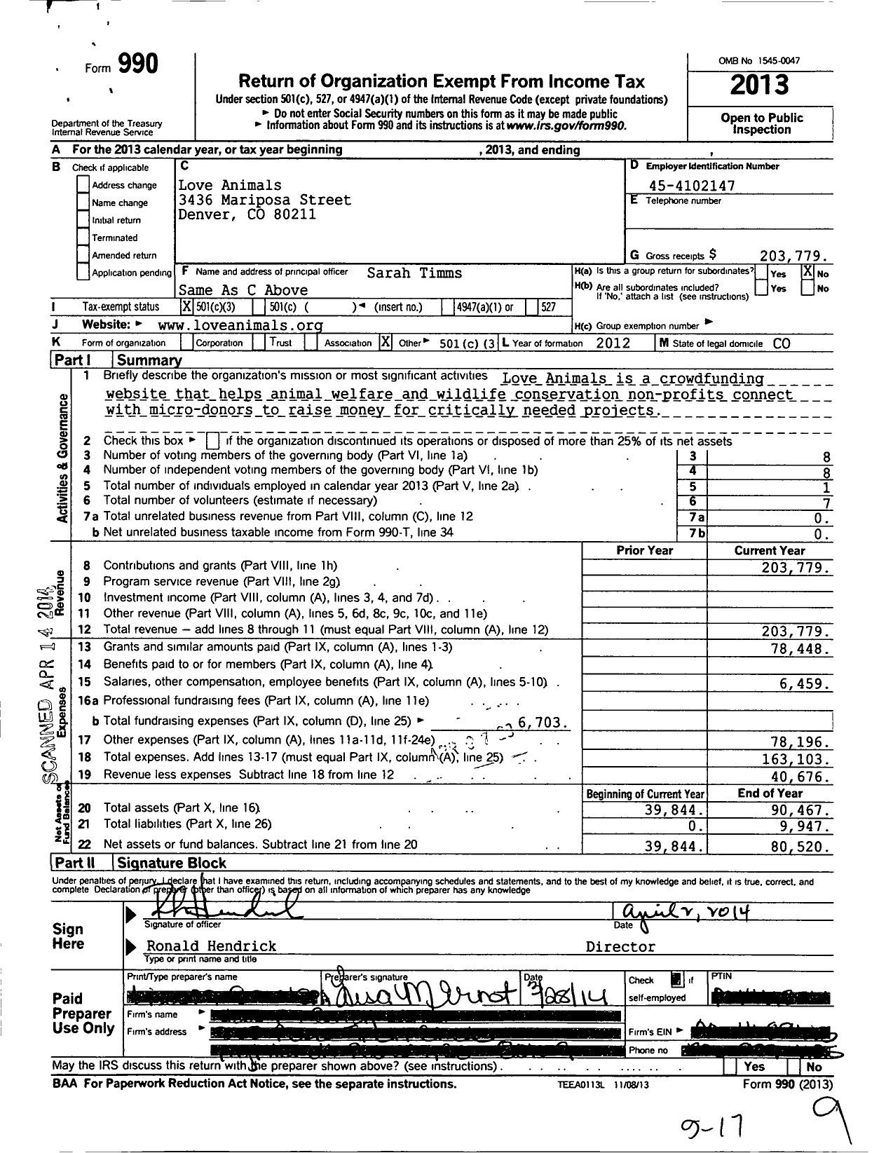 Image of first page of 2013 Form 990 for Love Animals