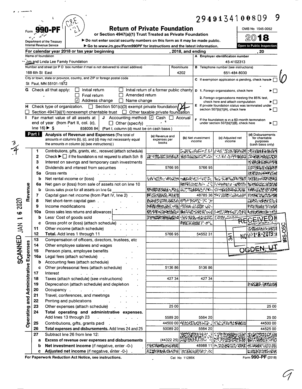 Image of first page of 2018 Form 990PF for Jim and Linda Lee Family Foundation