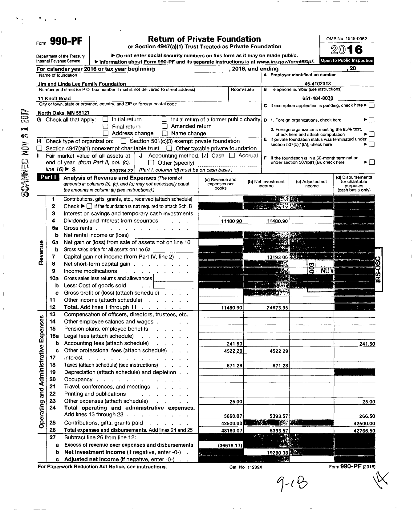 Image of first page of 2016 Form 990PF for Jim and Linda Lee Family Foundation