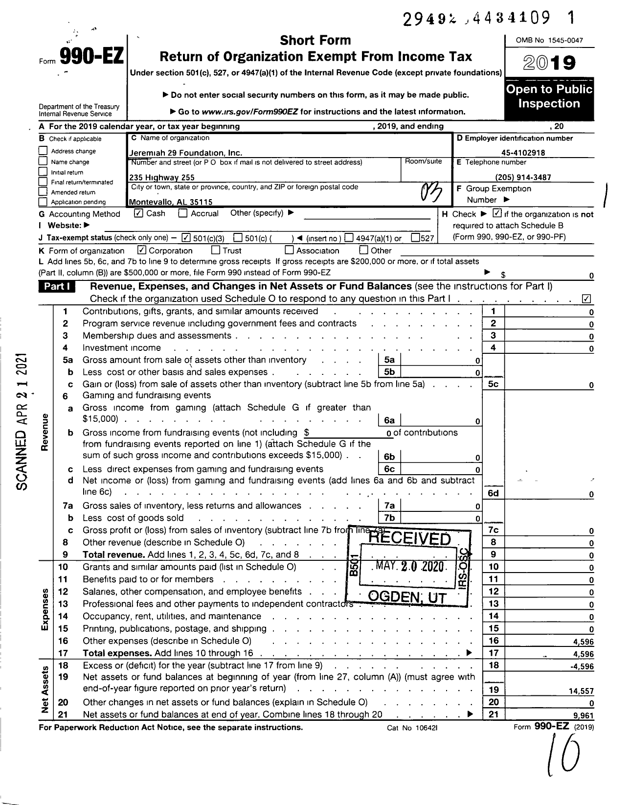 Image of first page of 2019 Form 990EZ for Jeremiah 29 Foundation