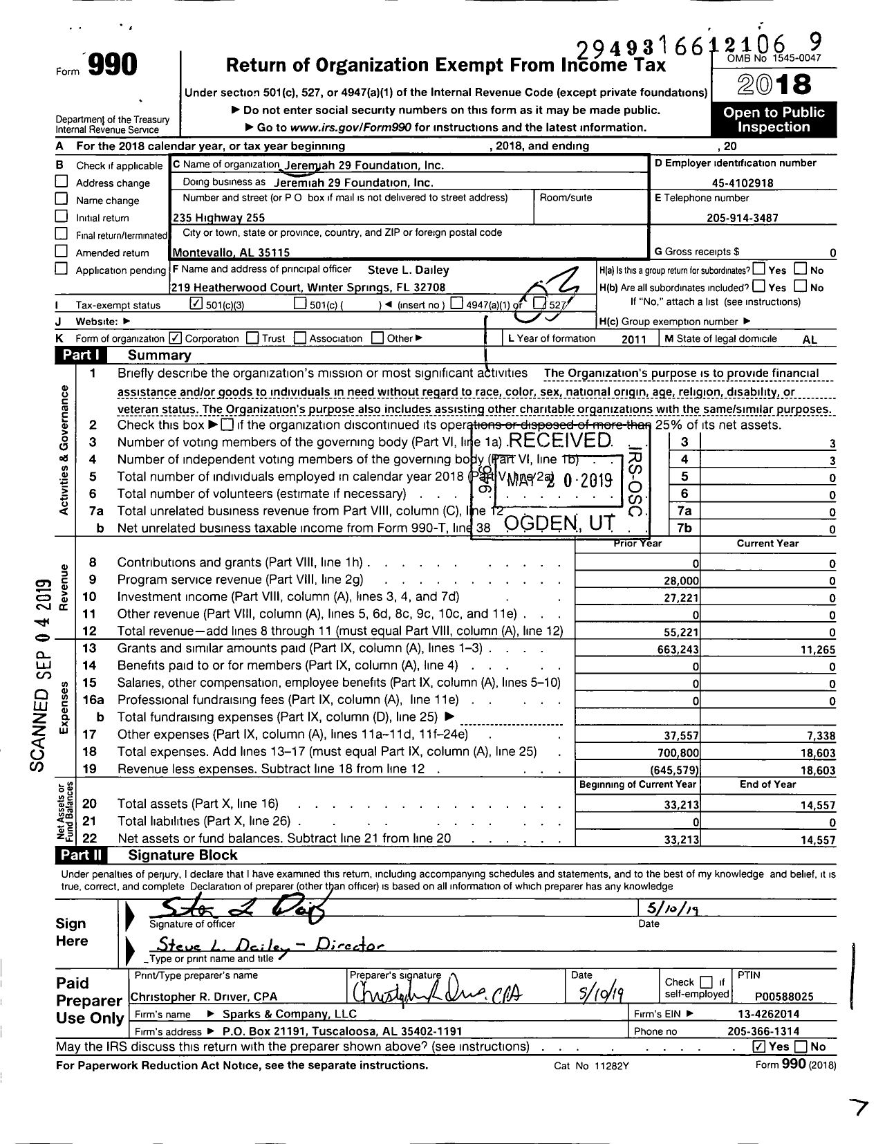 Image of first page of 2018 Form 990 for Jeremiah 29 Foundation