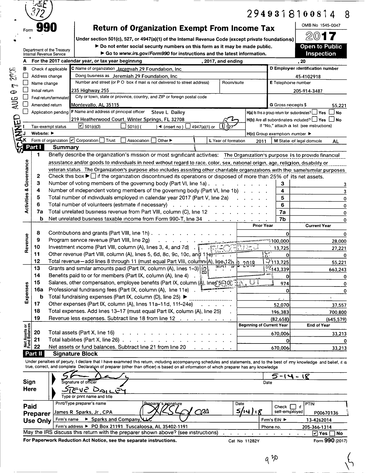 Image of first page of 2017 Form 990 for Jeremiah 29 Foundation