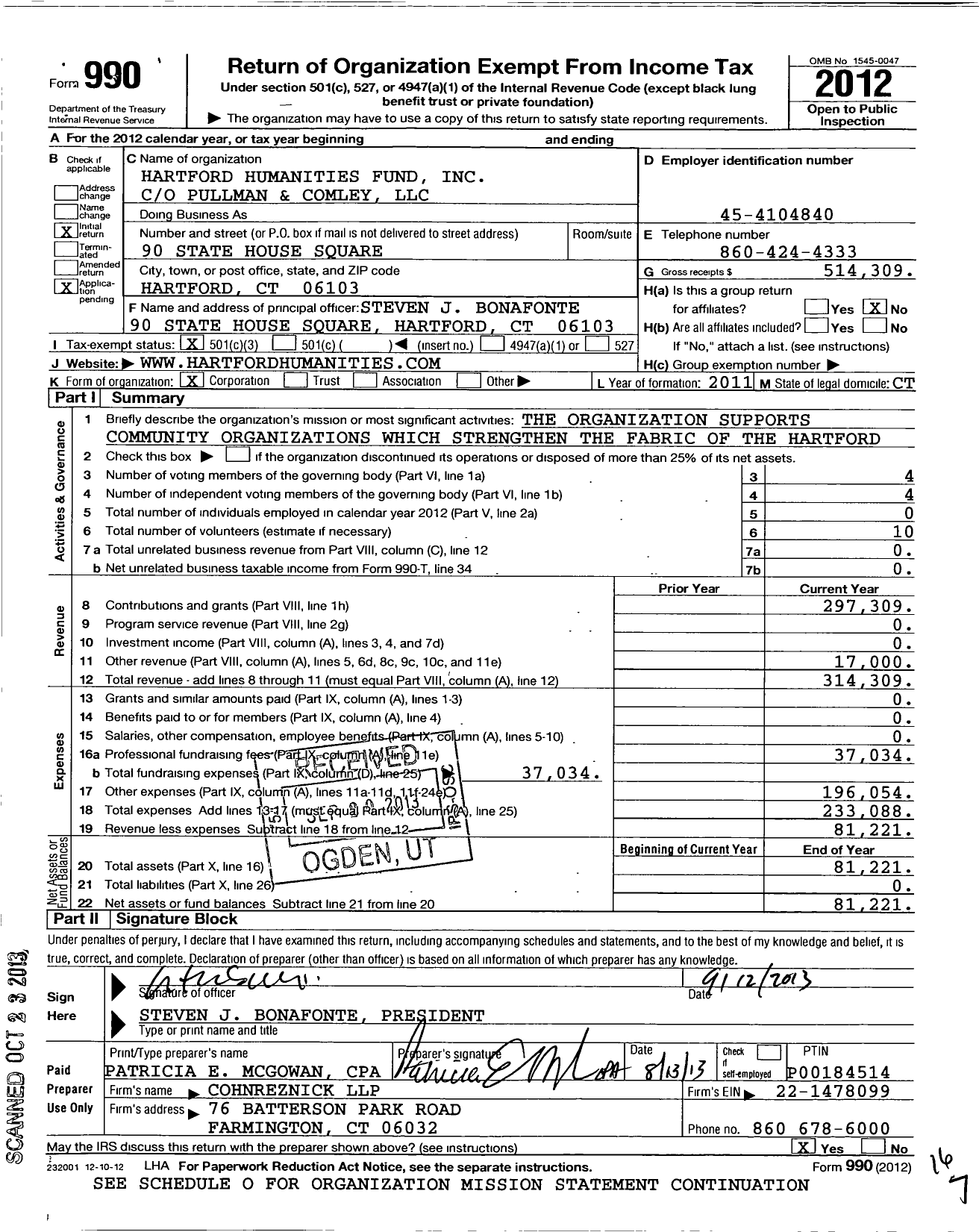 Image of first page of 2012 Form 990 for Hartford Humanities Fund