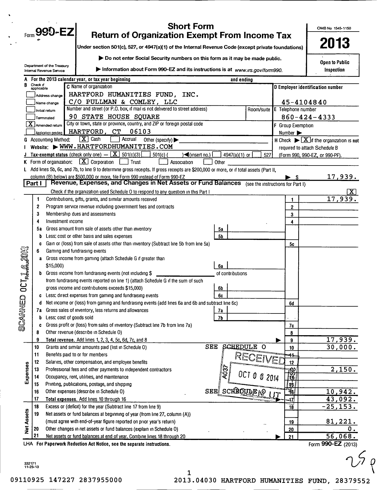 Image of first page of 2013 Form 990EZ for Hartford Humanities Fund