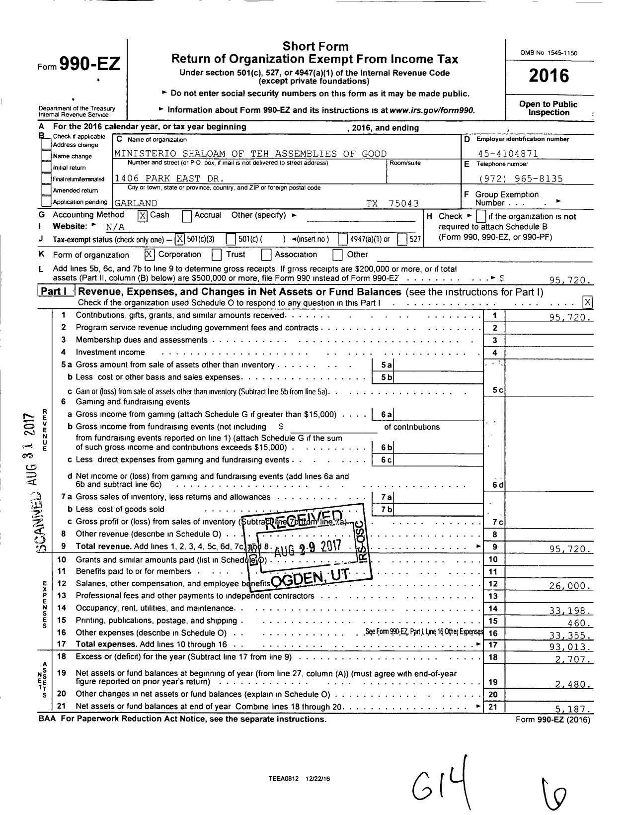 Image of first page of 2016 Form 990EZ for Ministerio Shaloam of Teh Assemblies of Good