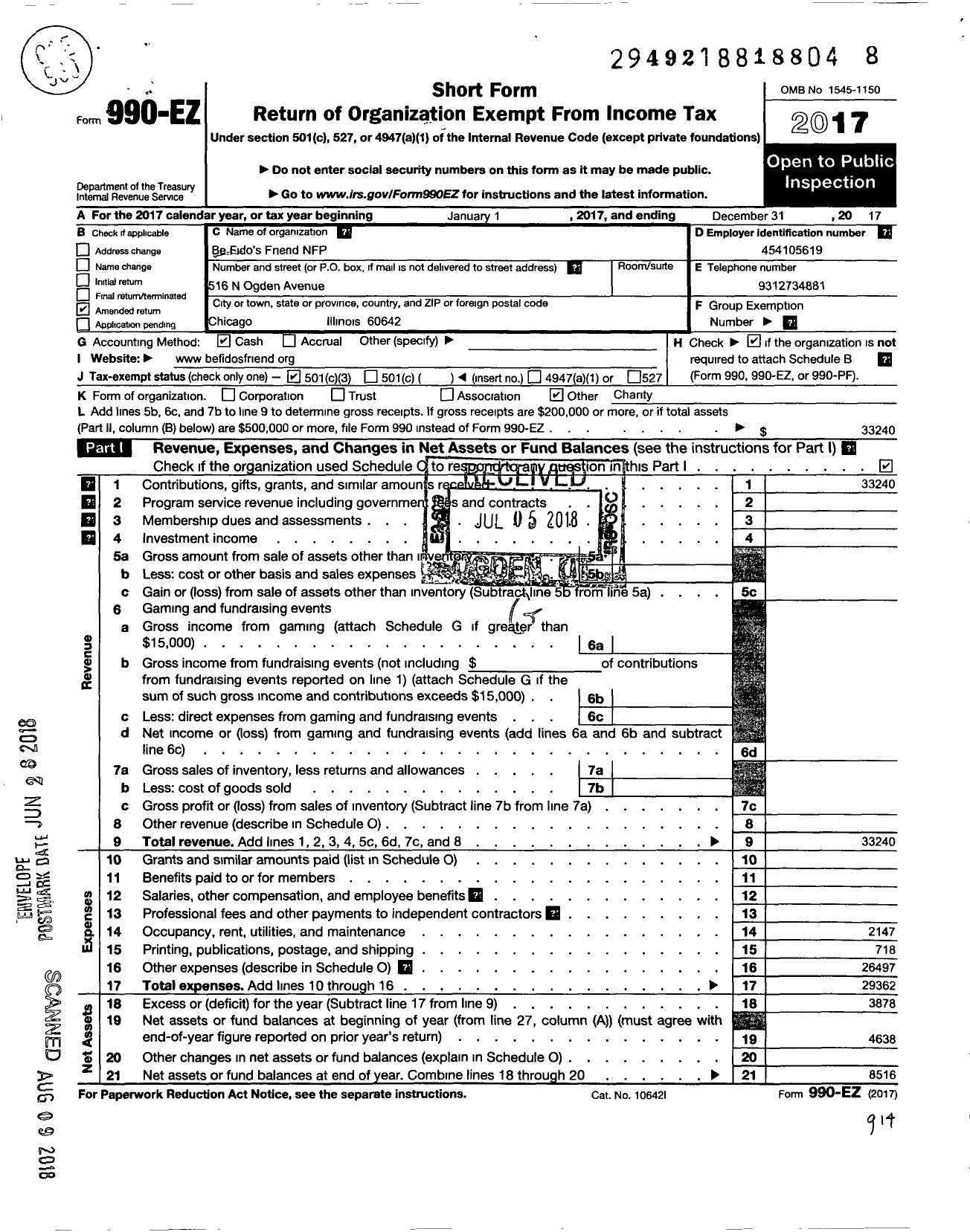 Image of first page of 2017 Form 990EZ for Be Fidos Friend NFP