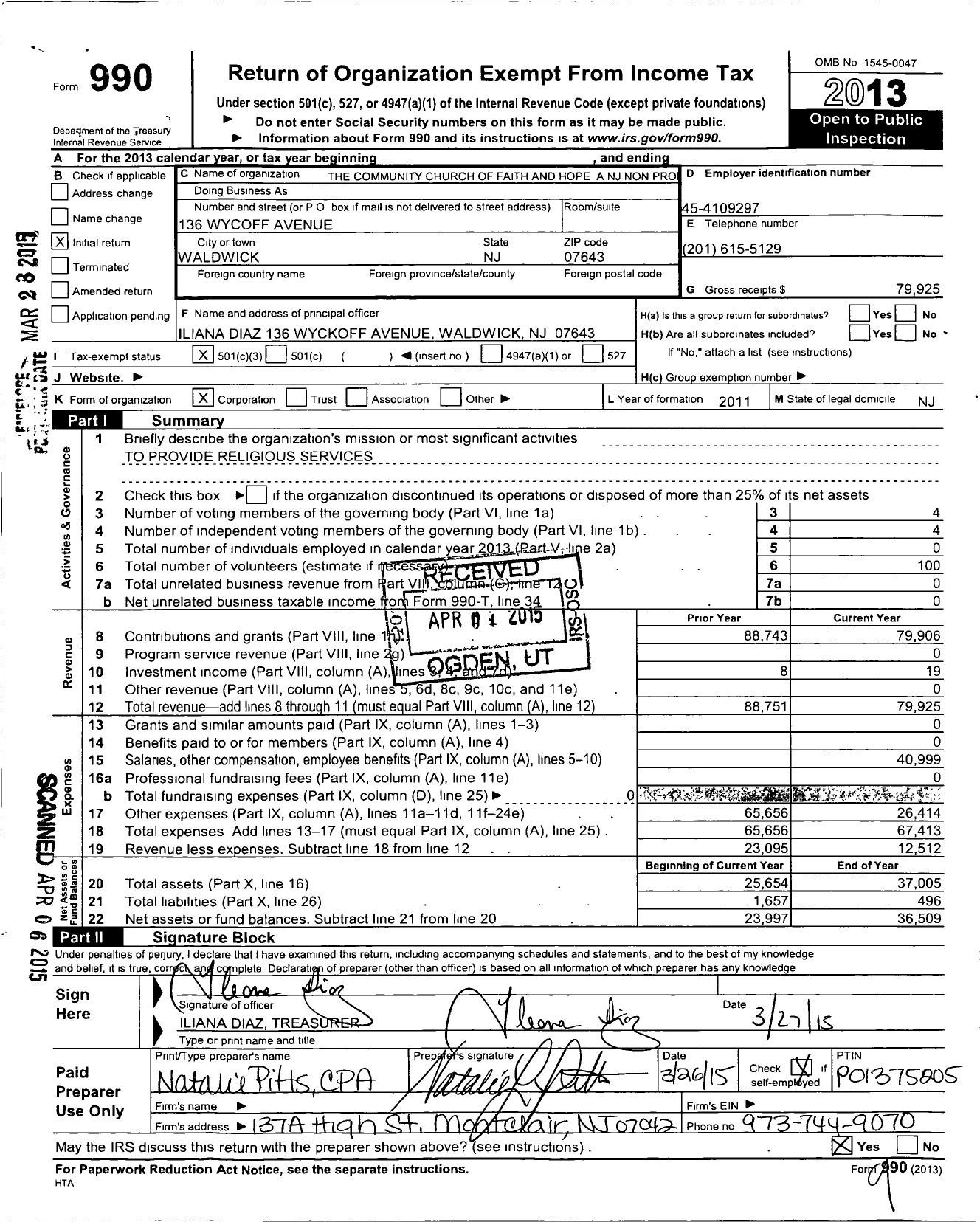 Image of first page of 2013 Form 990 for Community Church of Faith and Hope A NJ Non Pro