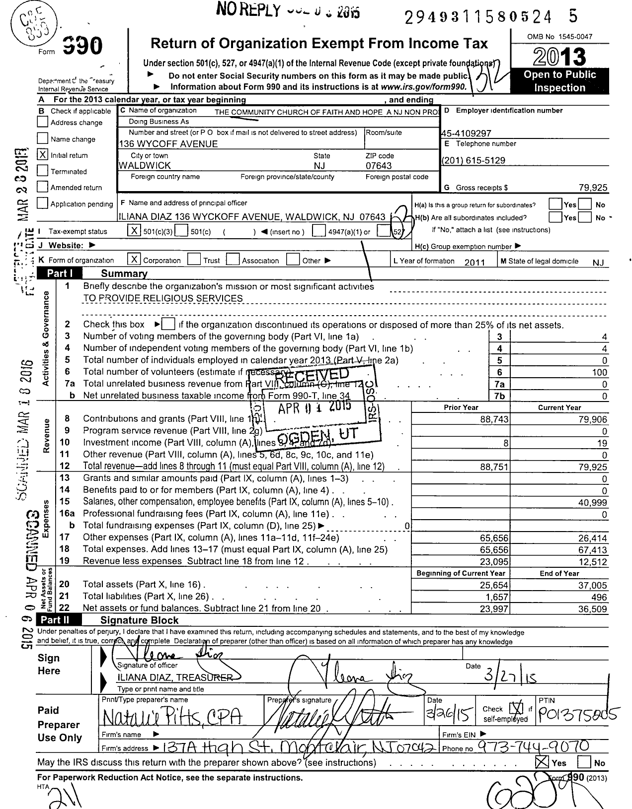 Image of first page of 2013 Form 990 for Community Church of Faith and Hope A NJ Non Pro