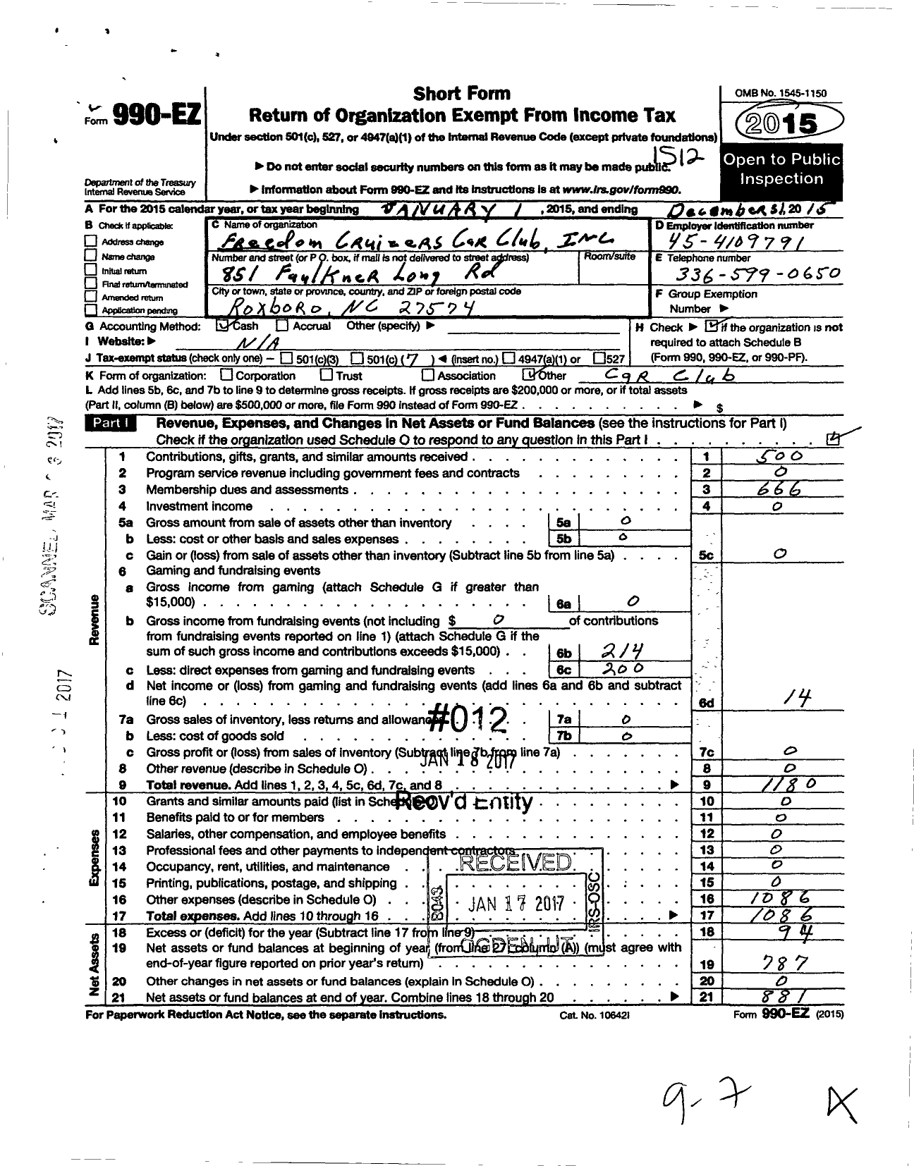 Image of first page of 2015 Form 990EO for Freedom Cruizers Car Club