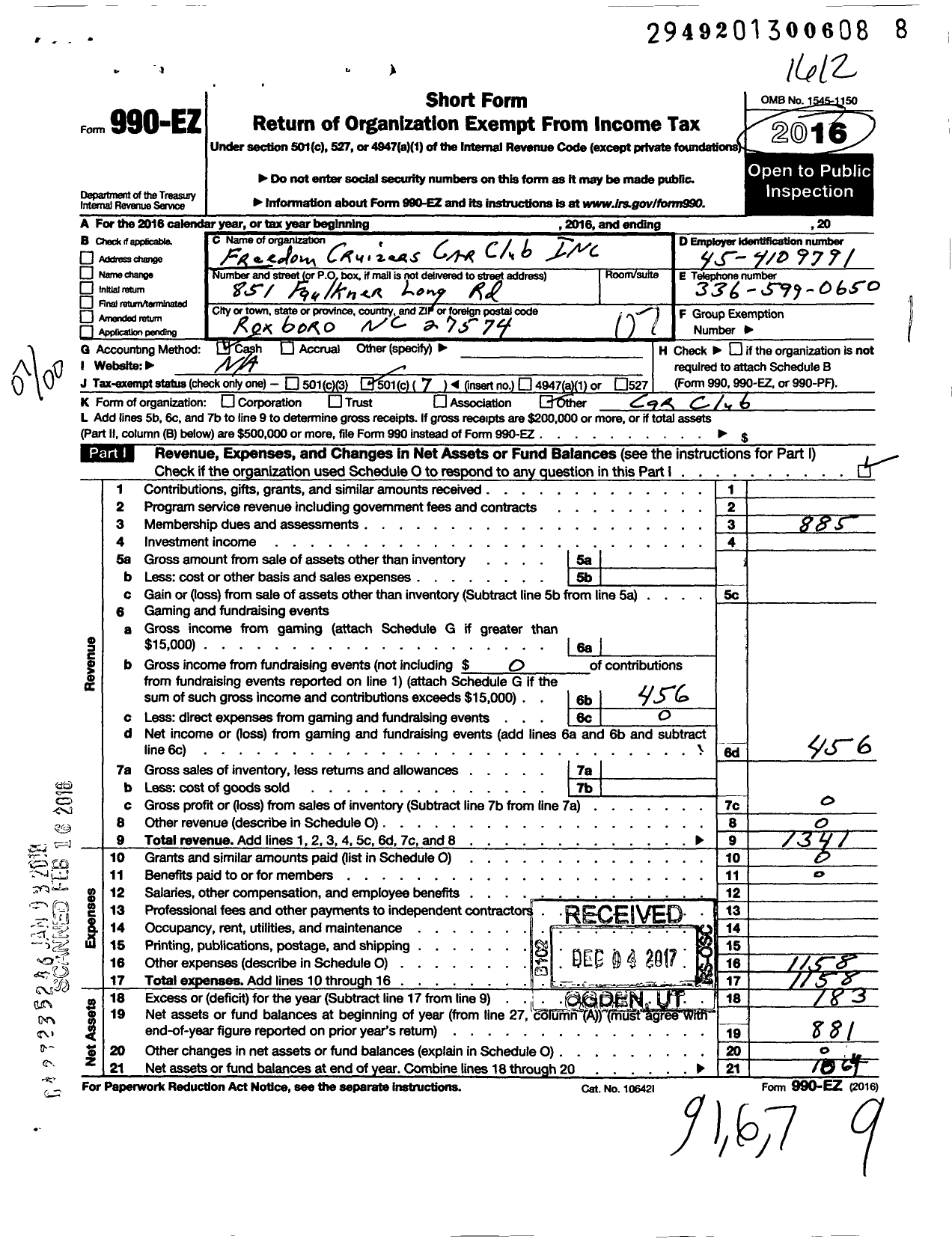 Image of first page of 2016 Form 990EO for Freedom Cruizers Car Club