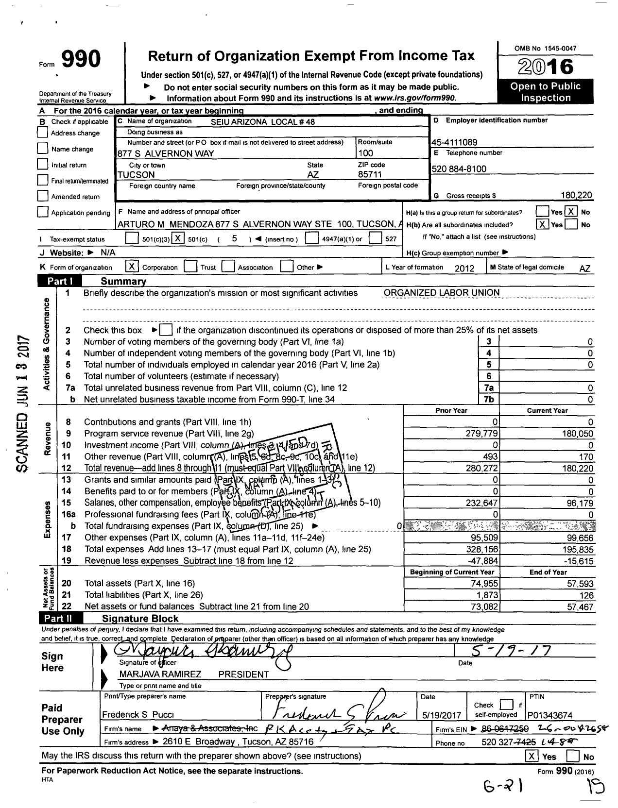 Image of first page of 2016 Form 990O for Service Employees International Union - Arizona Local 48