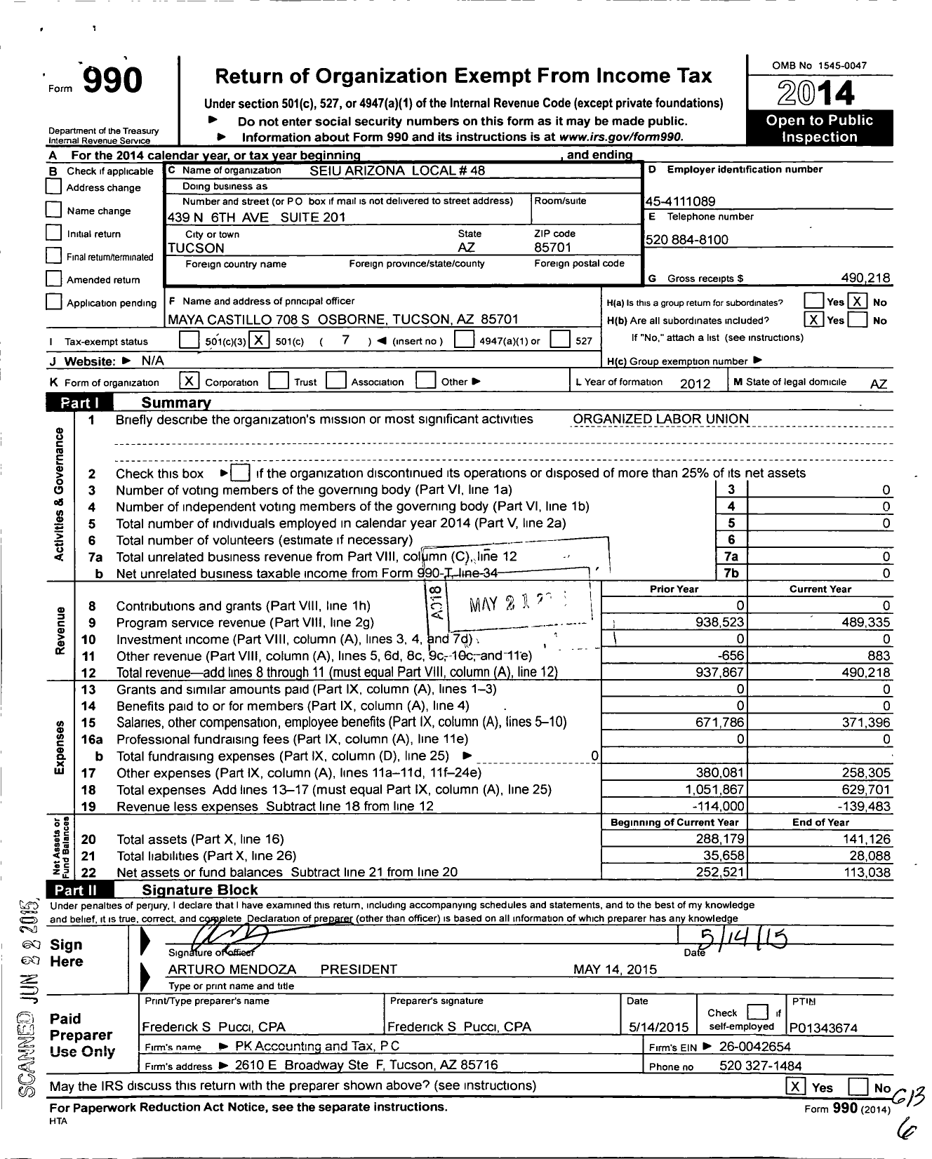 Image of first page of 2014 Form 990O for Service Employees International Union - Arizona Local 48