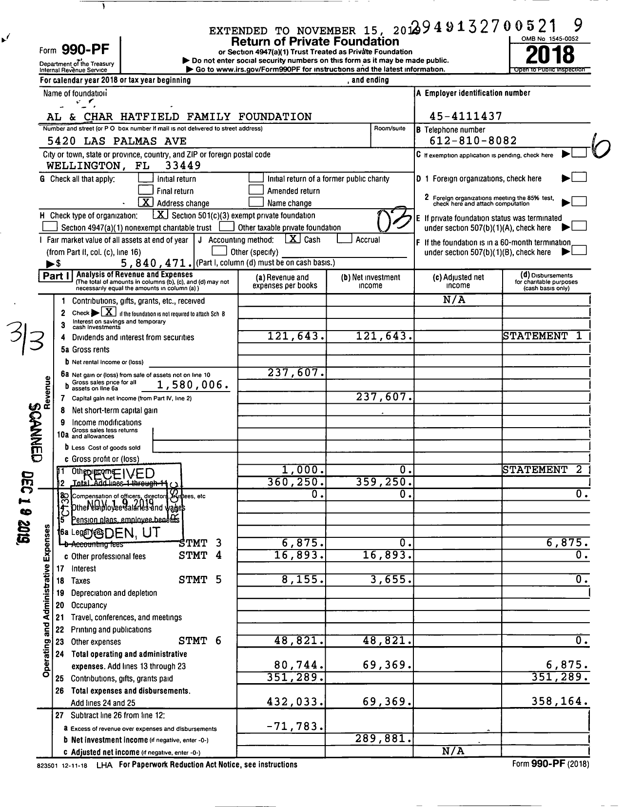 Image of first page of 2018 Form 990PF for Al and Char Hatfield Family Foundation