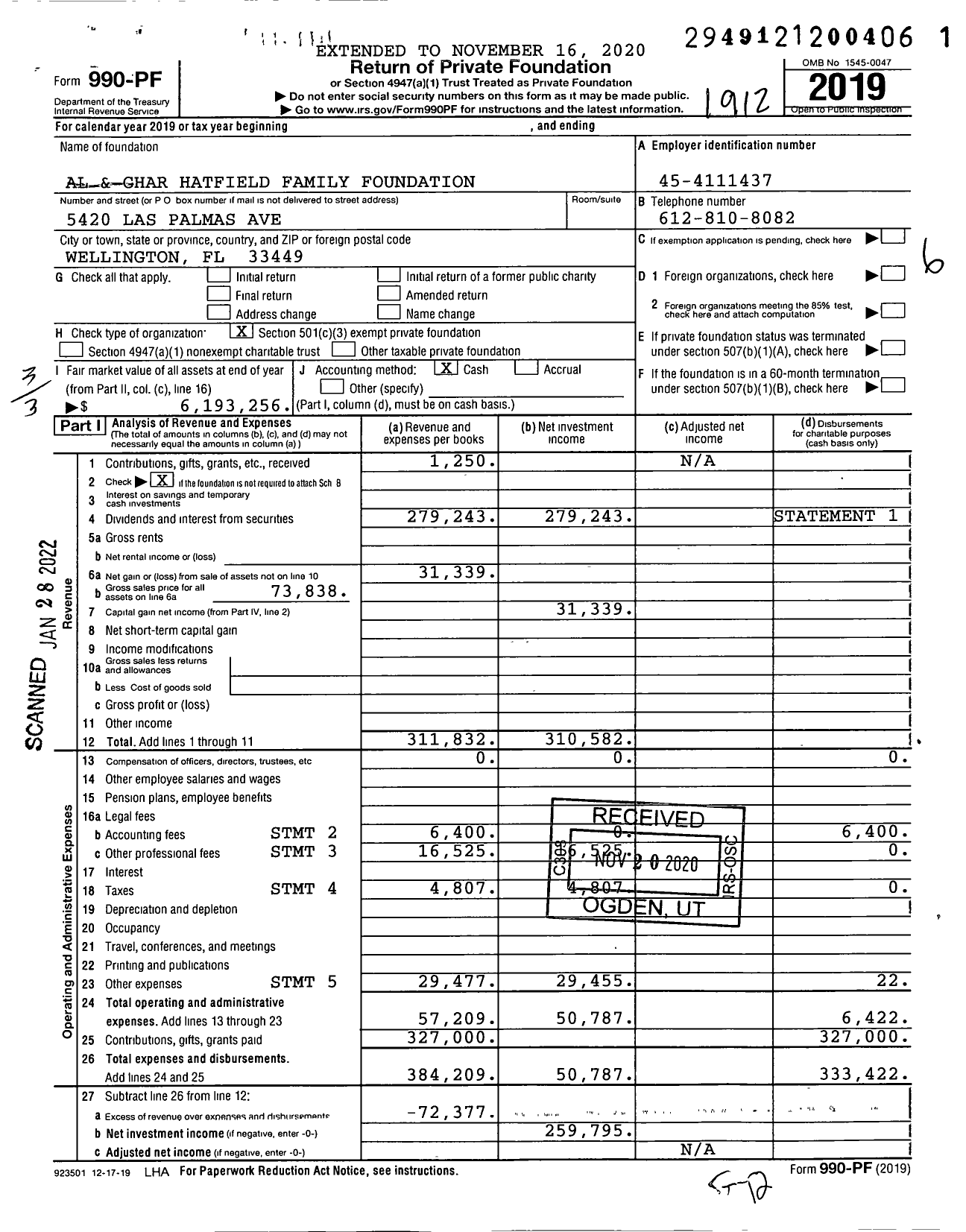 Image of first page of 2019 Form 990PF for Al and Char Hatfield Family Foundation