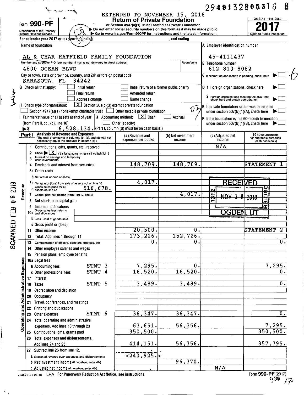 Image of first page of 2017 Form 990PF for Al and Char Hatfield Family Foundation