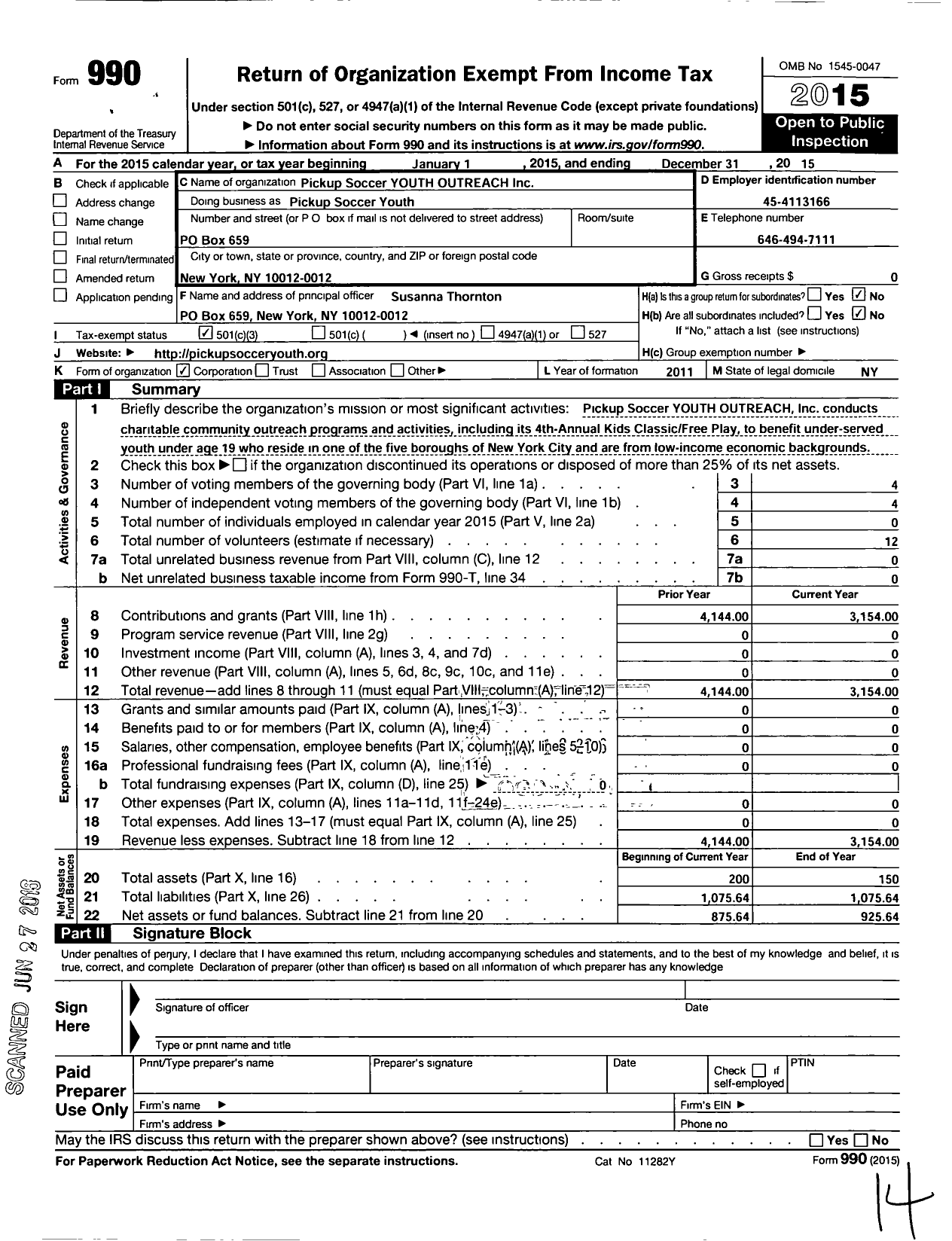 Image of first page of 2015 Form 990 for Pickup Soccer Youth Outreach