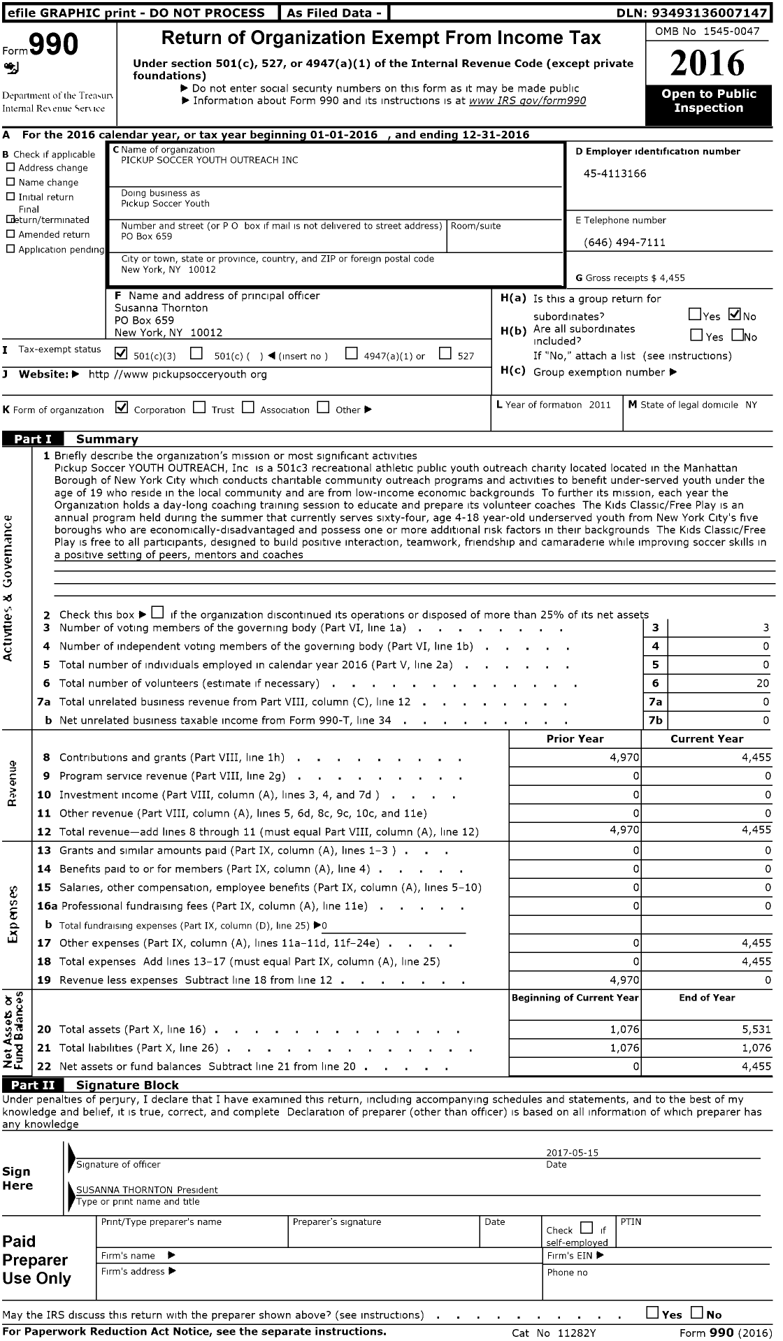 Image of first page of 2016 Form 990 for Pickup Soccer Youth Outreach