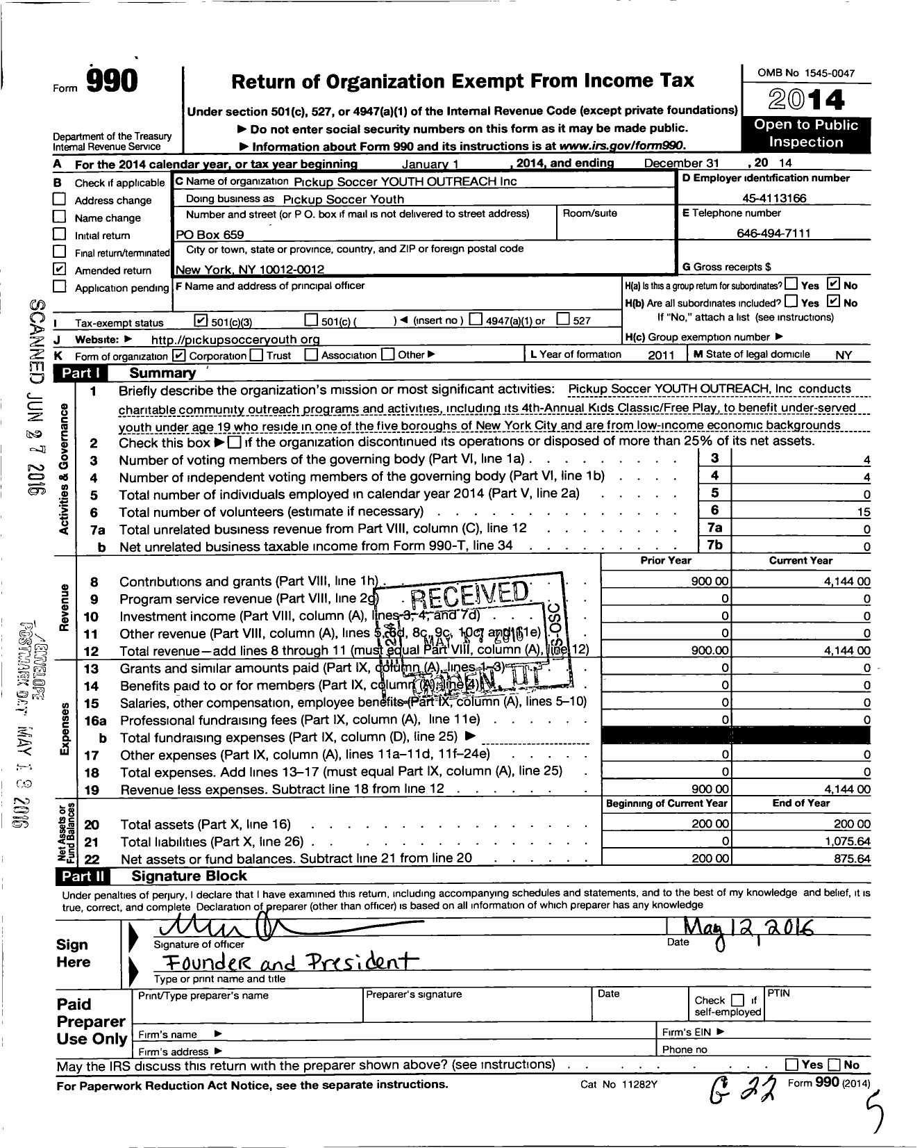 Image of first page of 2014 Form 990 for Pickup Soccer Youth Outreach