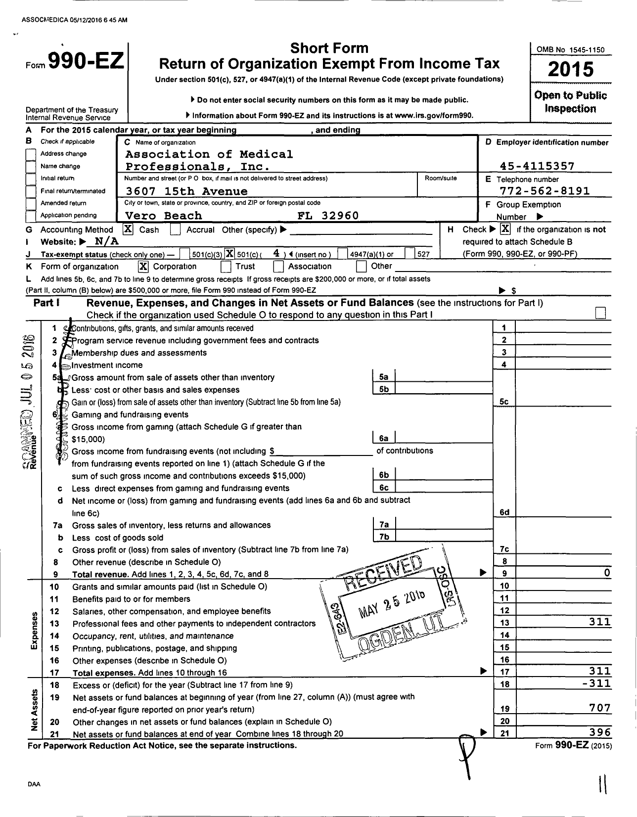 Image of first page of 2015 Form 990EO for Association of Medical Professionals