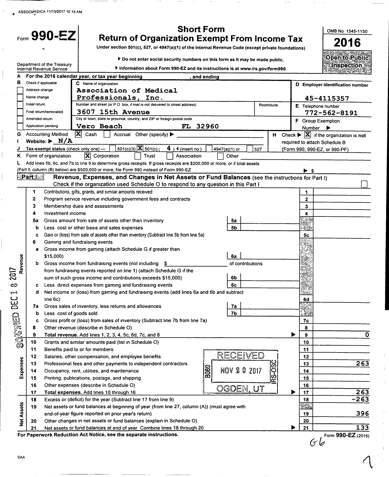 Image of first page of 2016 Form 990EO for Association of Medical Professionals